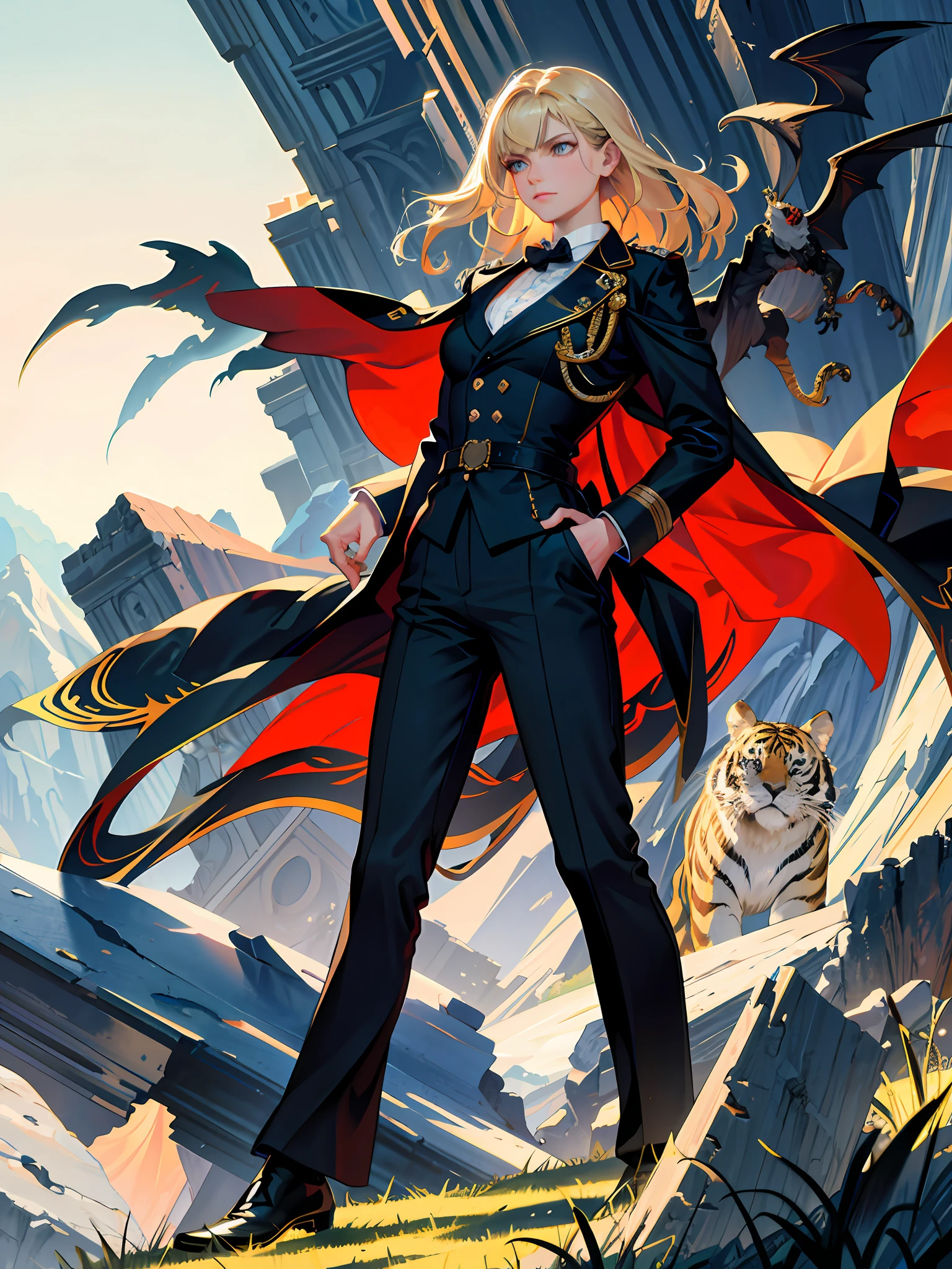 (highest resolution, distinct_image) superb, masterpiece, high detail, semi-realistic, Dishonored 2, a very beautiful woman, solo, normal handsome stance, long blond hair, golden eyes, indifferent expression, 18 years old, young, tall Strong, golden jacket, black military uniform, trousers, military pants, military boots, military uniform, military school, confident, serious, cold and proud, standing on a cliff, with a flying western dragon behind him, and a big tiger next to him, overlooking