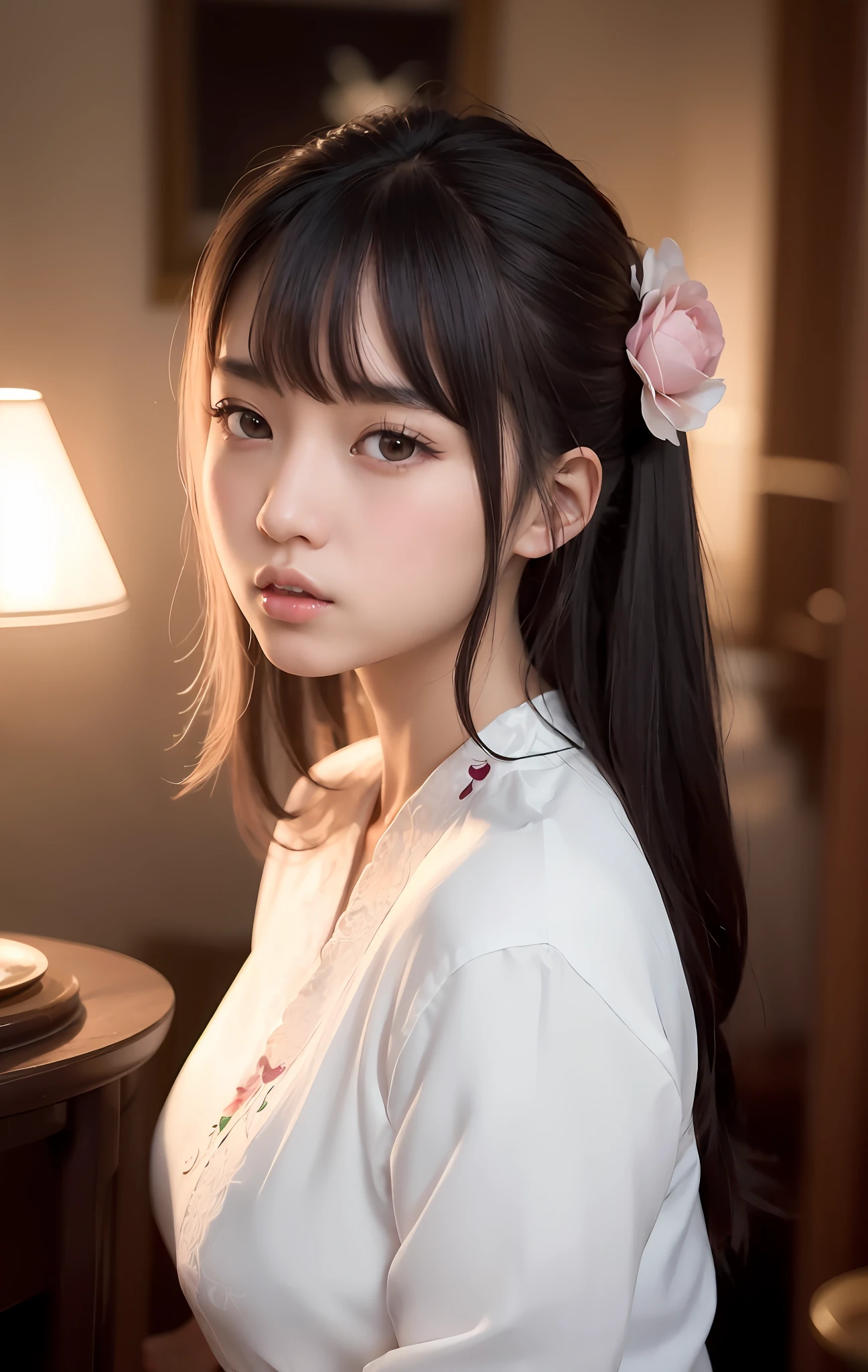 a woman with long hair wearing a white shirt and a flower in her hair, beautiful asian girl, chinese girl, korean girl, beautiful japanese girls face, girl cute-fine-face, beautiful south korean woman, cute kawaii girl, young cute wan asian face, anime thai girl, anime girl in real life, beautiful anime girl, attractive anime girl, pretty anime girl
