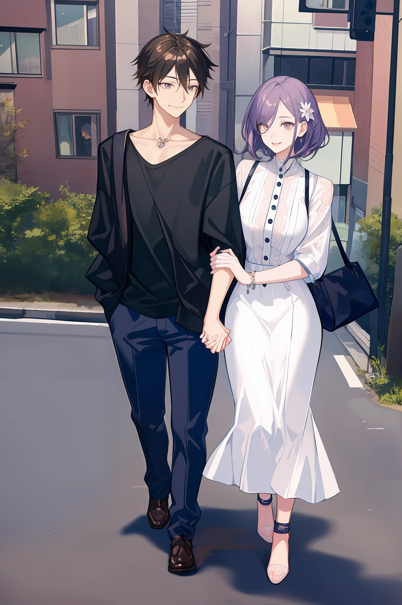 masterpiece, best quality, 2others, couple, 1man with 1woman, mature, adult, Height difference, different fashion, different color, finely detailed eyes and detailed face, intricate details, casual clothes, oversized shirt, modern urban street, holding hands, smile, happy, love