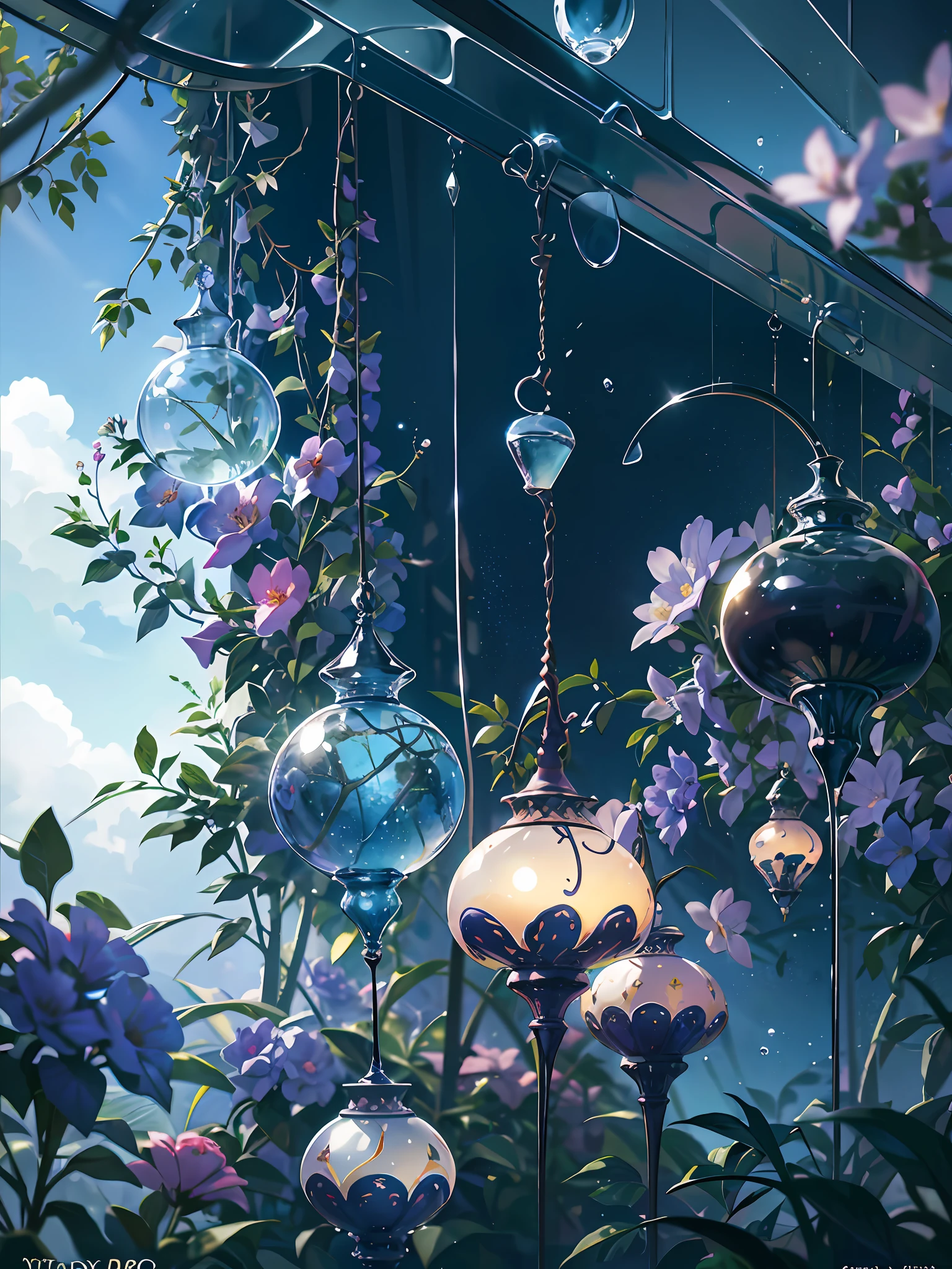Wallpaper, fantasy hanging garden, blue sky, floating sea of flowers, colorful flowers. Crystal Fountain, HD Detail, Wet Watermark, Ultra Detail, Cinematic, Hyper Realism, Soft Light, Deep Field Focus Bokeh, Ray Tracing, Diffuse (extra fine glass reflections) and Hyper Realism. --v6