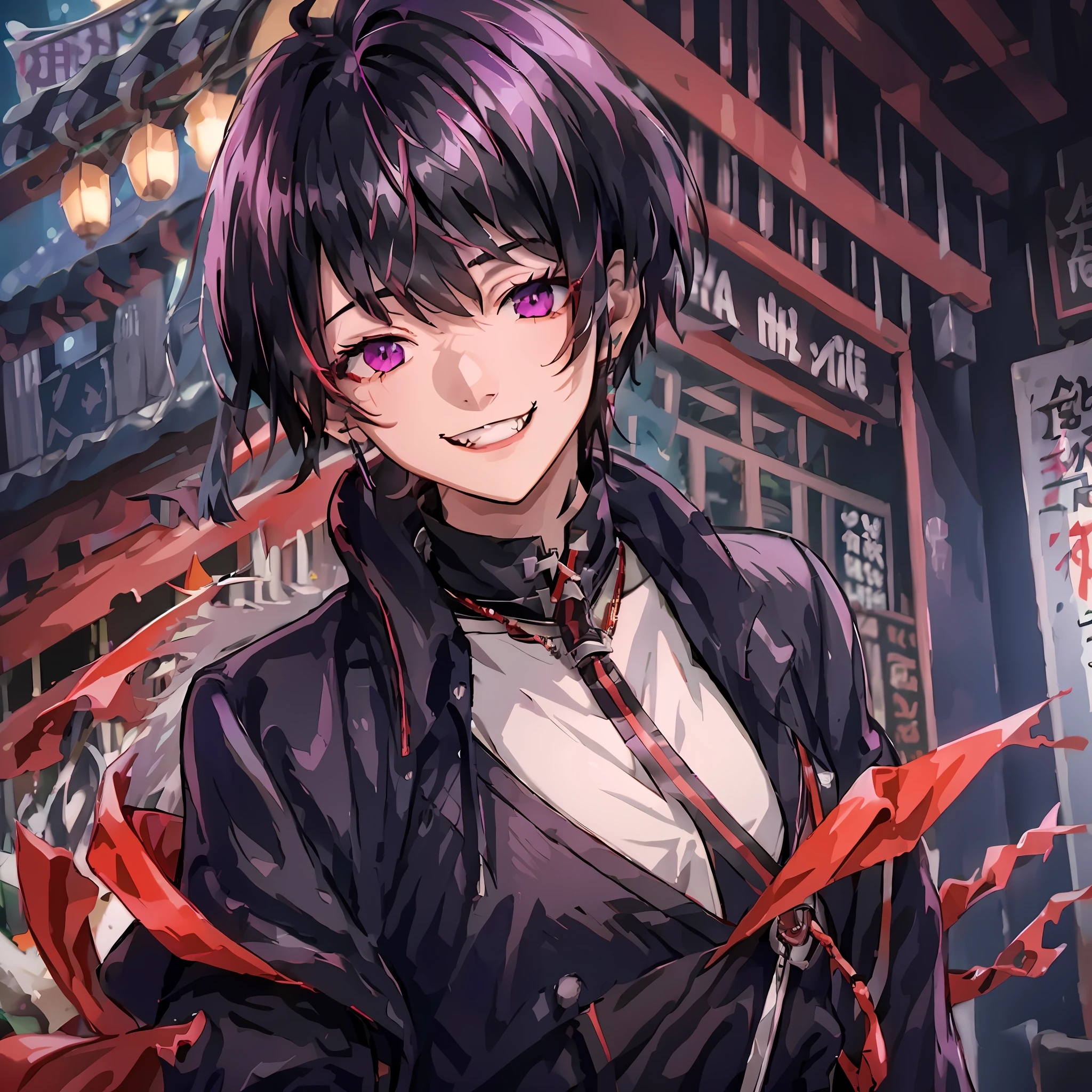 8k, best quality, ultra high res, cyberpunk style, sci-fi, anime vampire boy,red white Black mixed hair, half red half purple eye color both eyes, wearing round glasses, silver cross necklace, black rings, fangs, smile, wearing a big cybercoatwith different lighting in it , long big cybernetic scythe, outside nightclub on Japanese street, cybergothic