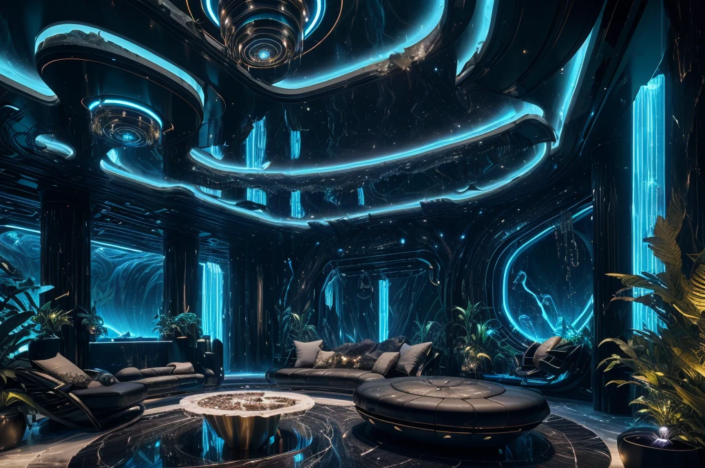 incredible black luxurious futuristic bedroom interior in Ancient Egyptian style with many ((lush plants)) (lotus flowers), ((palm trees)), rocky walls, (sand), ((waterfalls)) (marble), ((precious minerals)), ((metals)), (gemstones), crystals, clouds and ((water)), (curvy futuristic furniture), crocodiles, (hieroglyphics), (((ultra luxury))), (black marble) – with ((beautiful lights)), Unreal Engine, HQ, 16k