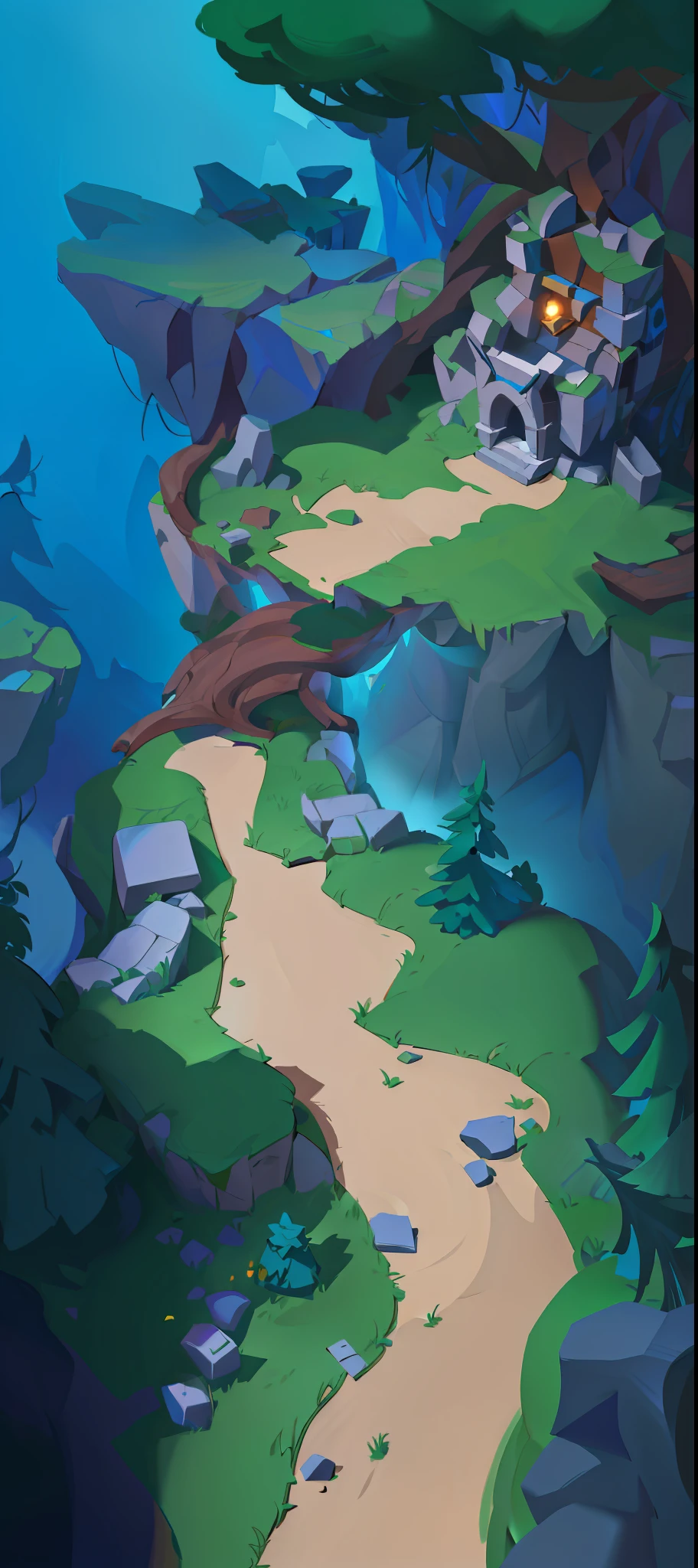 cartoon illustration of a path in a forest with a cave, stylized concept art, stylized game art, stylized shading, stylized painting, stylized art, painted as a game concept art, simple stylized, stylized 3d render, odin's stone arena background, stylized as a 3d render, detailed environment, 3 d render stylized