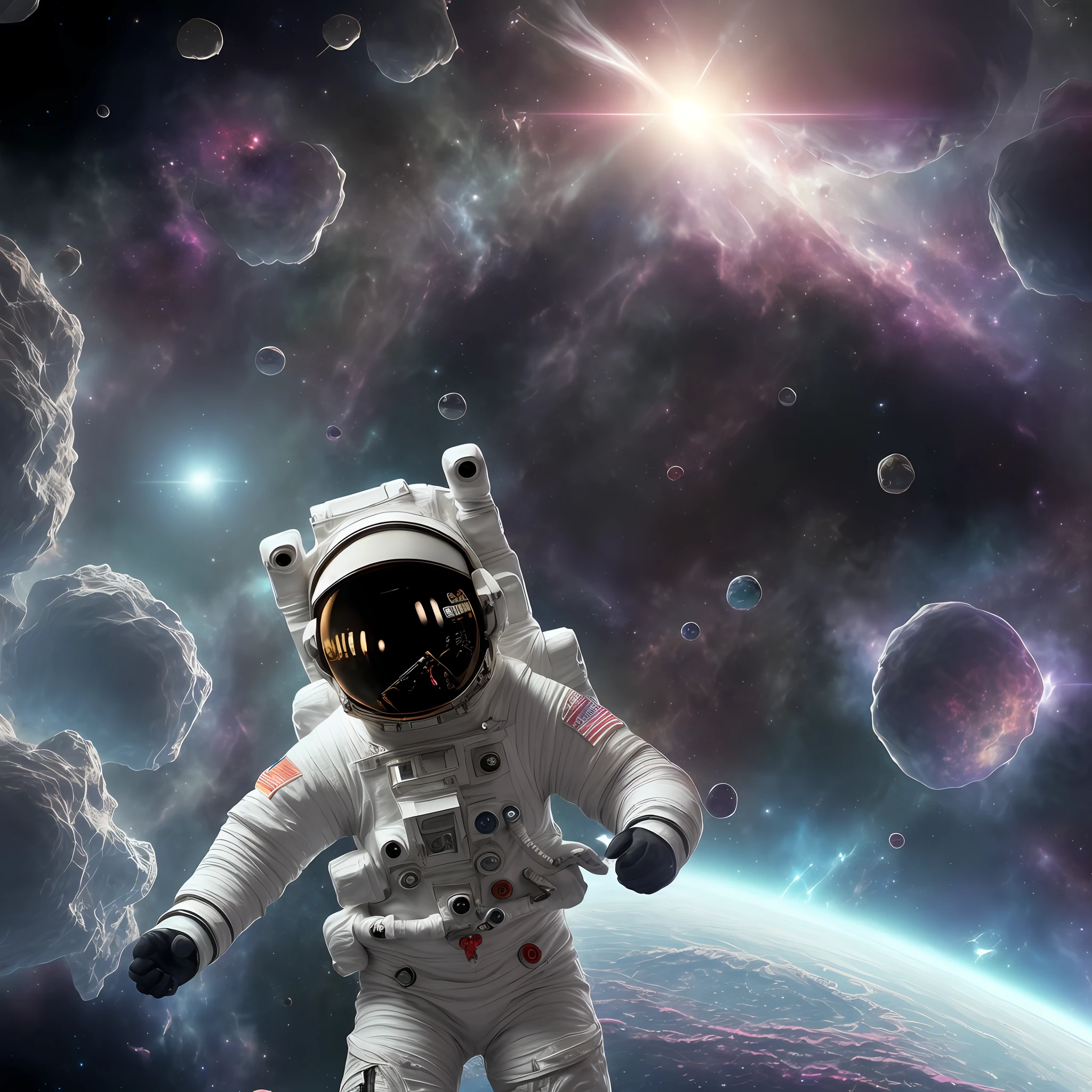 &quot;Outer space, floating astronaut, 8K ultra-realistic wallpaper, hyper-realistic background nebula, ultra-detailed details, exceptional quality. ({astronaut}, {dynamic position}), {detailed spacesuit}.)&quot;