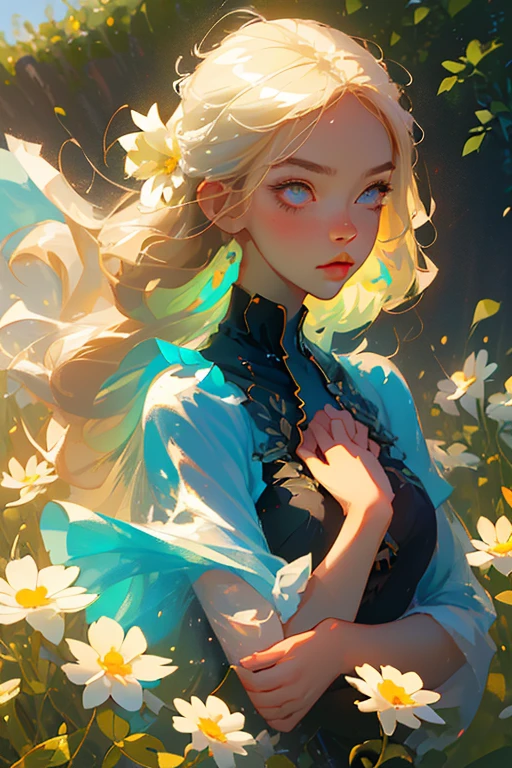 (best quality, masterpiece), 1girl, pose, particle, wind, flower, upper body, simple background, looking at viewer, focus on face, blonde,