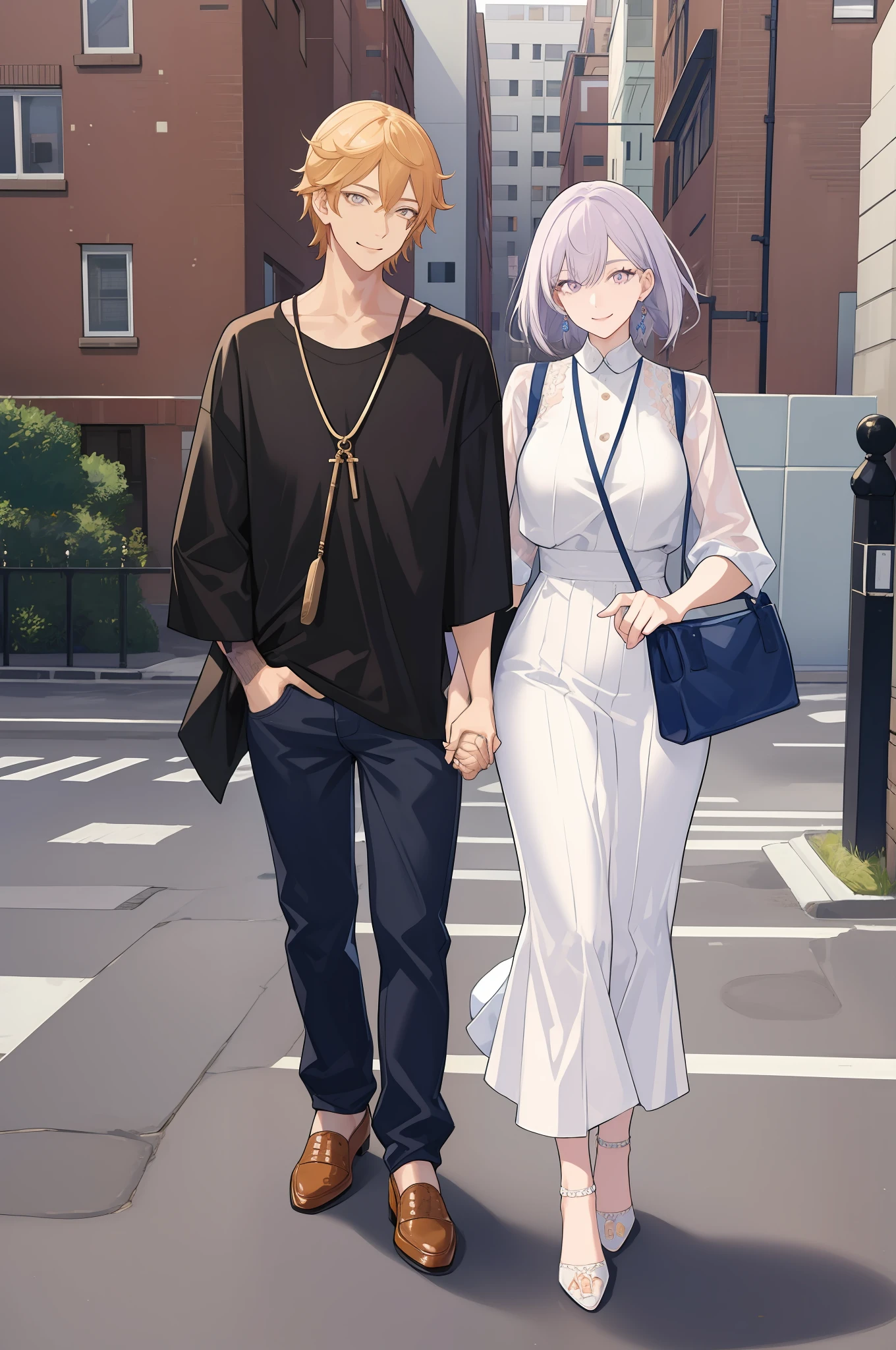 masterpiece, best quality, 2others, couple, 1man with 1woman, mature, adult, Height difference, different fashion, different color, finely detailed eyes and detailed face, intricate details, casual clothes, oversized shirt, modern urban street, holding hands, smile, happy, love