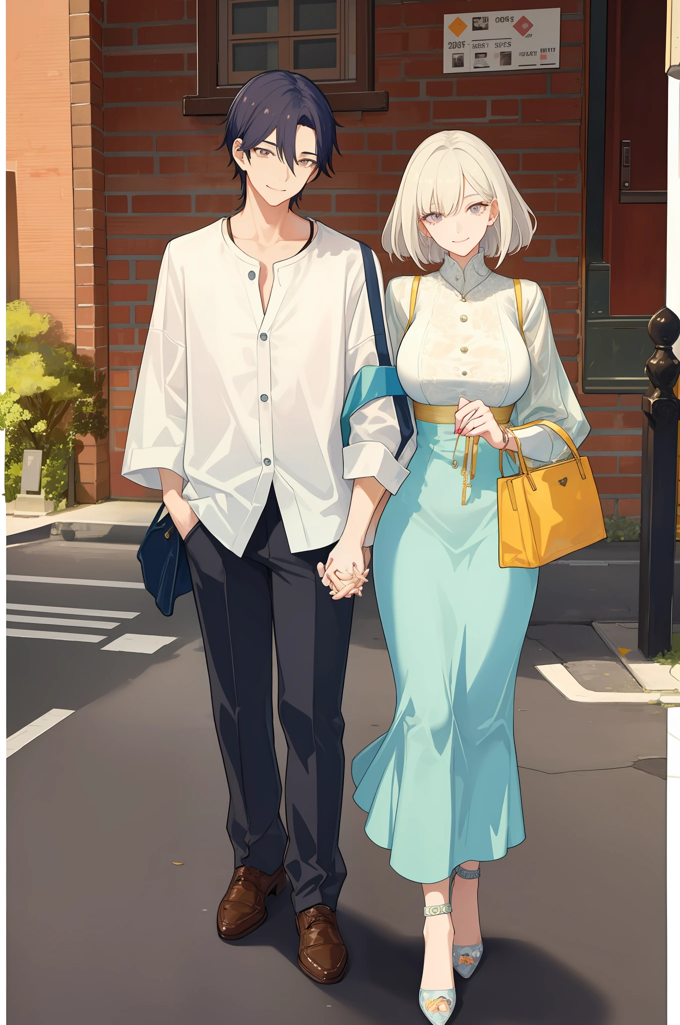 masterpiece, best quality, 2others, couple, 1man with 1woman, mature, adult, Height difference, different fashion, different color, finely detailed eyes and detailed face, intricate details, casual clothes, oversized shirt, modern urban street, holding hands, smile, happy, love