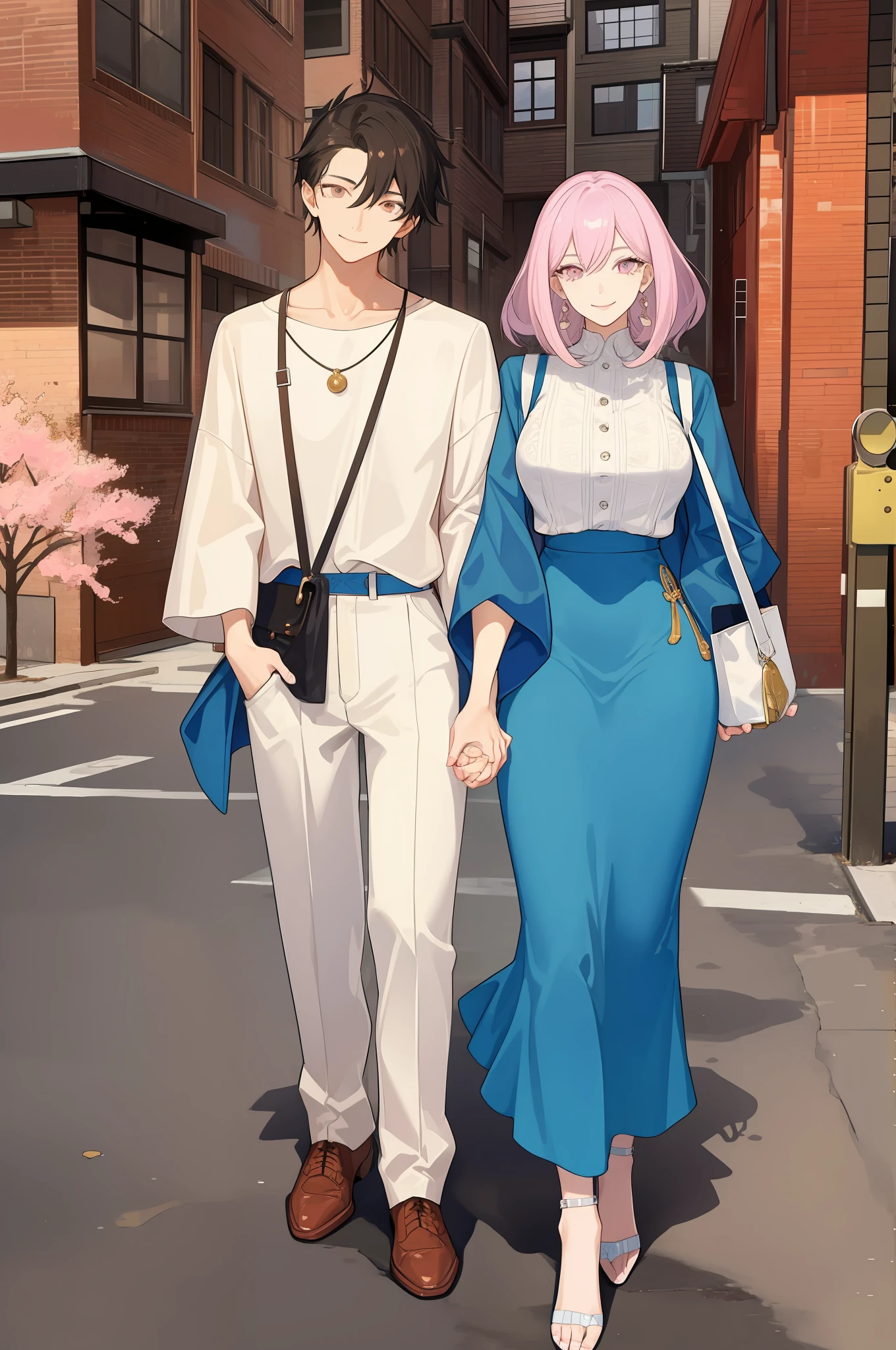 masterpiece, best quality, 2others, couple, 1man with 1woman, mature, adult, Height difference, different fashion, different color, finely detailed eyes and detailed face, intricate details, casual clothes, oversized shirt, modern urban street, holding hands, smile, happy, love