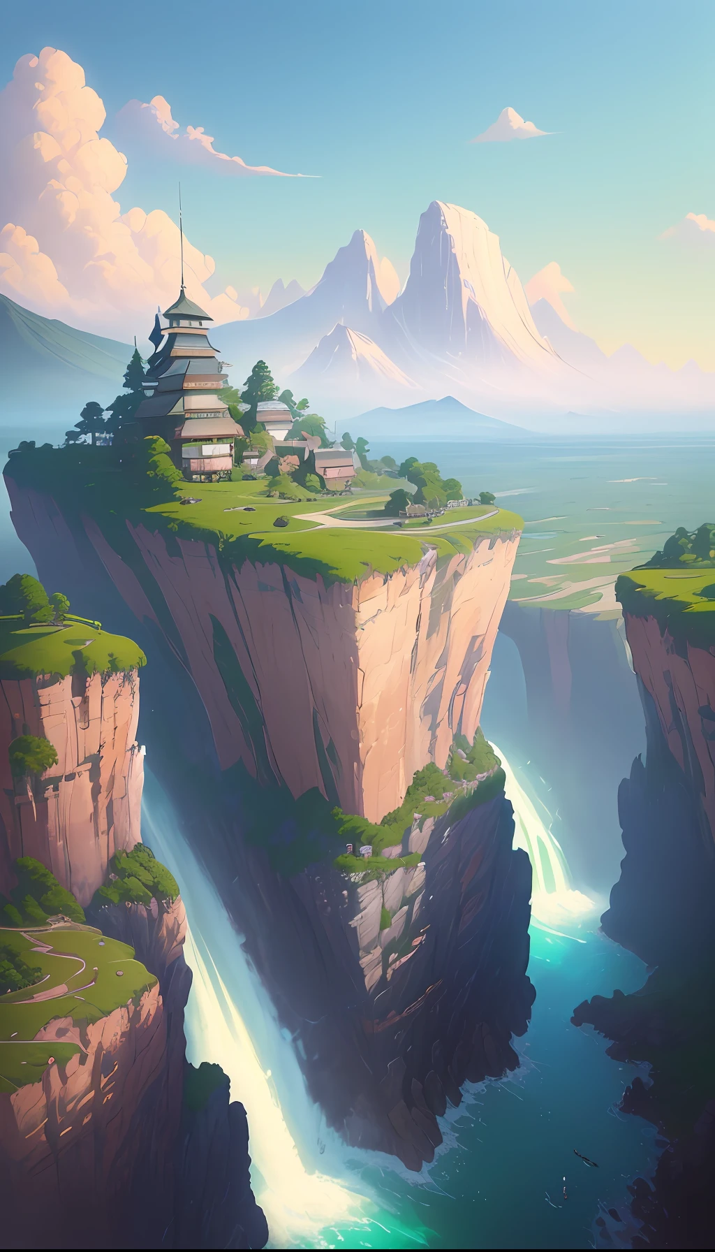 Realistic, authentic, beautiful stunning landscape oil painting, background greg rutkowski, laurie grasley style, studio ghibli, akira toriyama, james gilleard, genshin impact, popular pixiv fanbox, acrylic palette knife, 4k, ( Vibrant colours), (highly saturated), devinart, trends on artstation -- V6