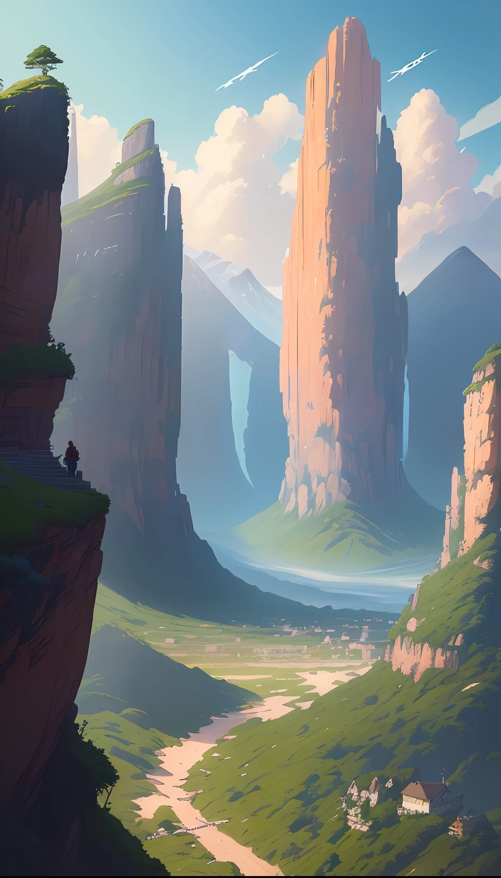 Realistic, authentic, beautiful stunning landscape oil painting, background greg rutkowski, laurie grasley style, studio ghibli, akira toriyama, james gilleard, genshin impact, popular pixiv fanbox, acrylic palette knife, 4k, ( Vibrant colours), (highly saturated), devinart, trends on artstation -- V6