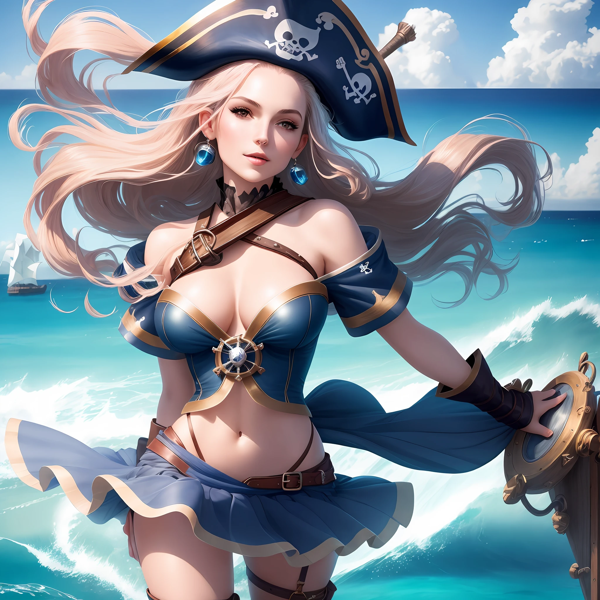 beautiful pirate woman wearing sexy clothes, miniskirt, on top of a ship, wind blowing in her hair, glitter around her, crystal clear blue water, seascape in the background, high quality cinematic portrait.