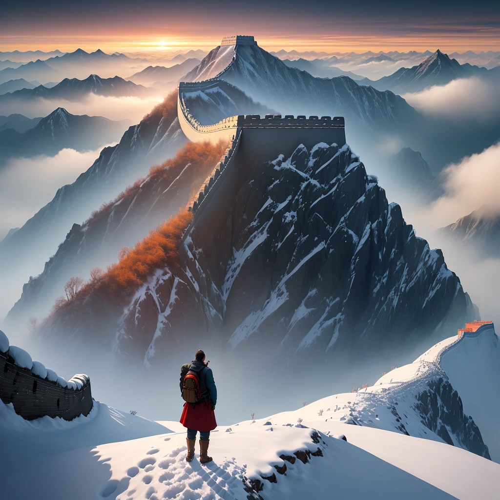 The Great Wall ,a man stands at the beginning of the screen with its arms outstretched and its back facing the screen, carrying an OIWAS backpack on its back. It occupies the center of the screen, leaving half of the space above, and the Great Wall extends into the distance. In winter, it snows.