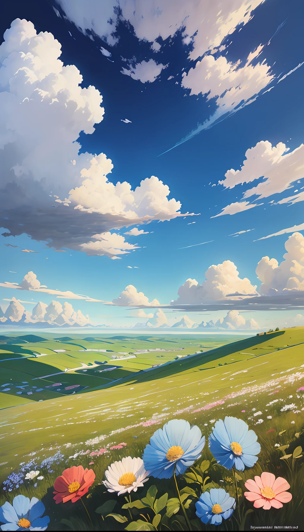 Realistic, authentic, beautiful and amazing landscape oil painting Studio Ghibli Hayao Miyazaki&#39;s petal grassland with blue sky and white clouds --v6