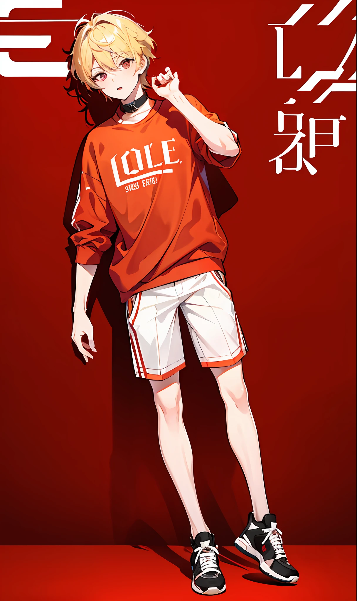 Blonde boy, red pupils, handsome, beautiful boy, dashing, cute, stylish clothing, full body image, sneakers, high quality image, Hong Kong background, random color of clothing
