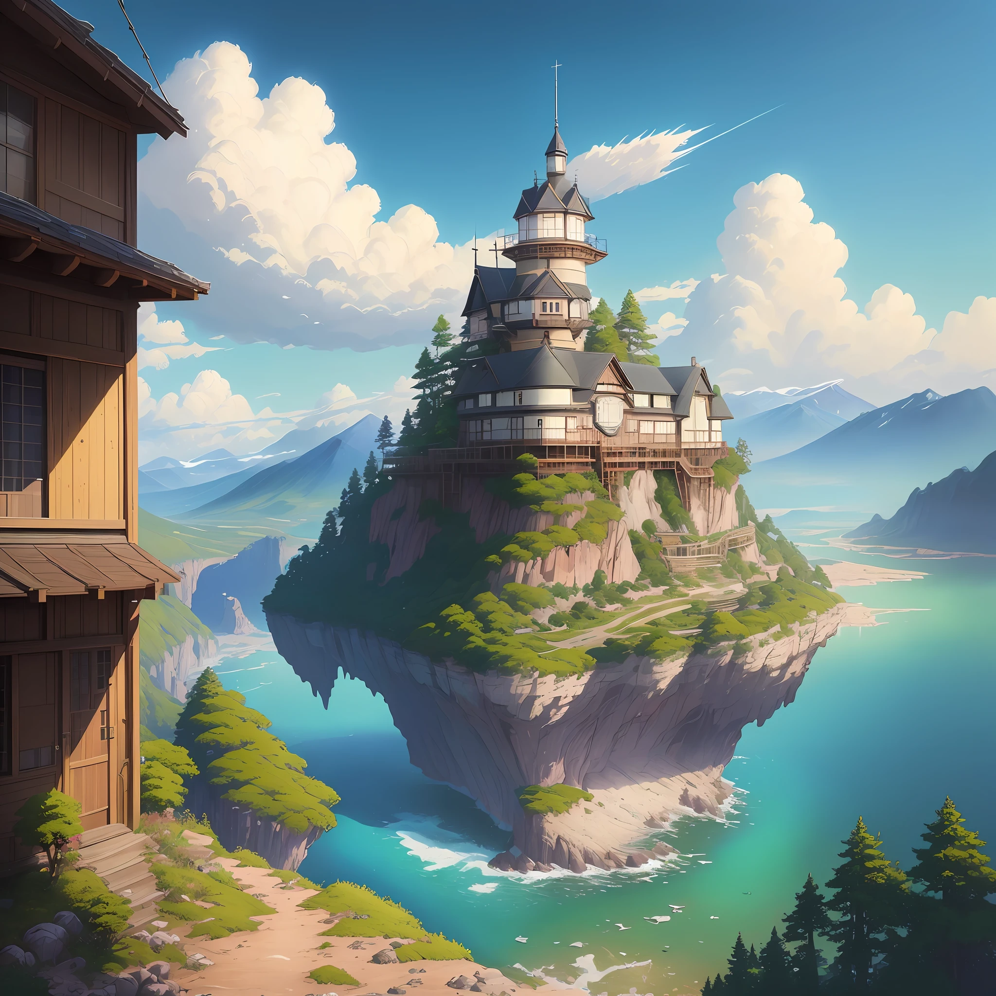 Realistic, authentic, beautiful stunning landscape oil painting, background greg rutkowski, laurie grasley style, studio ghibli, akira toriyama, james gilleard, genshin impact, popular pixiv fanbox, acrylic palette knife, 4k, ( Vibrant colours), (highly saturated), devinart, trends on artstation -- V6