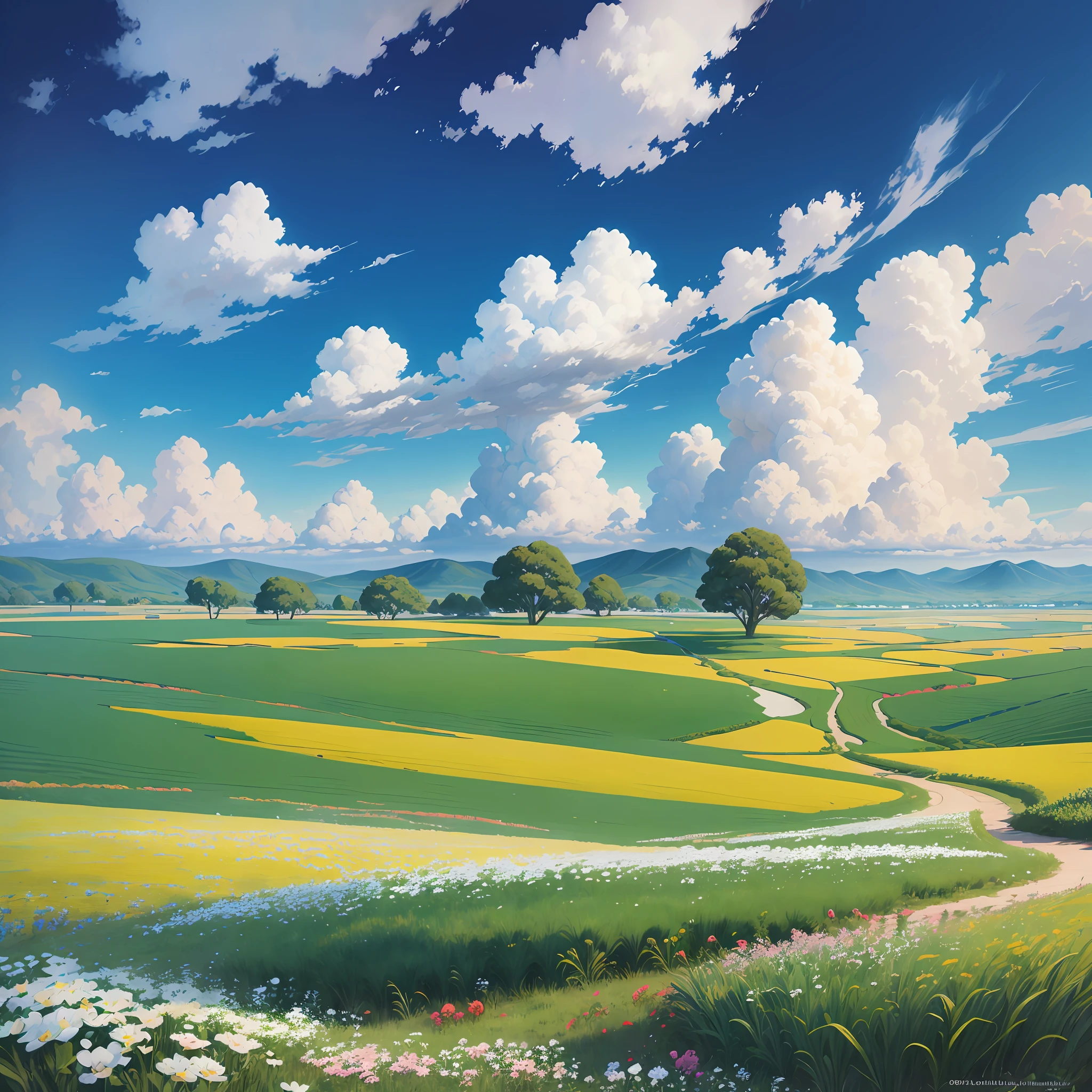 Realistic, real, beautiful and amazing landscape oil painting Studio Ghibli Hayao Miyazaki's petal grassland with blue sky and white clouds --v6