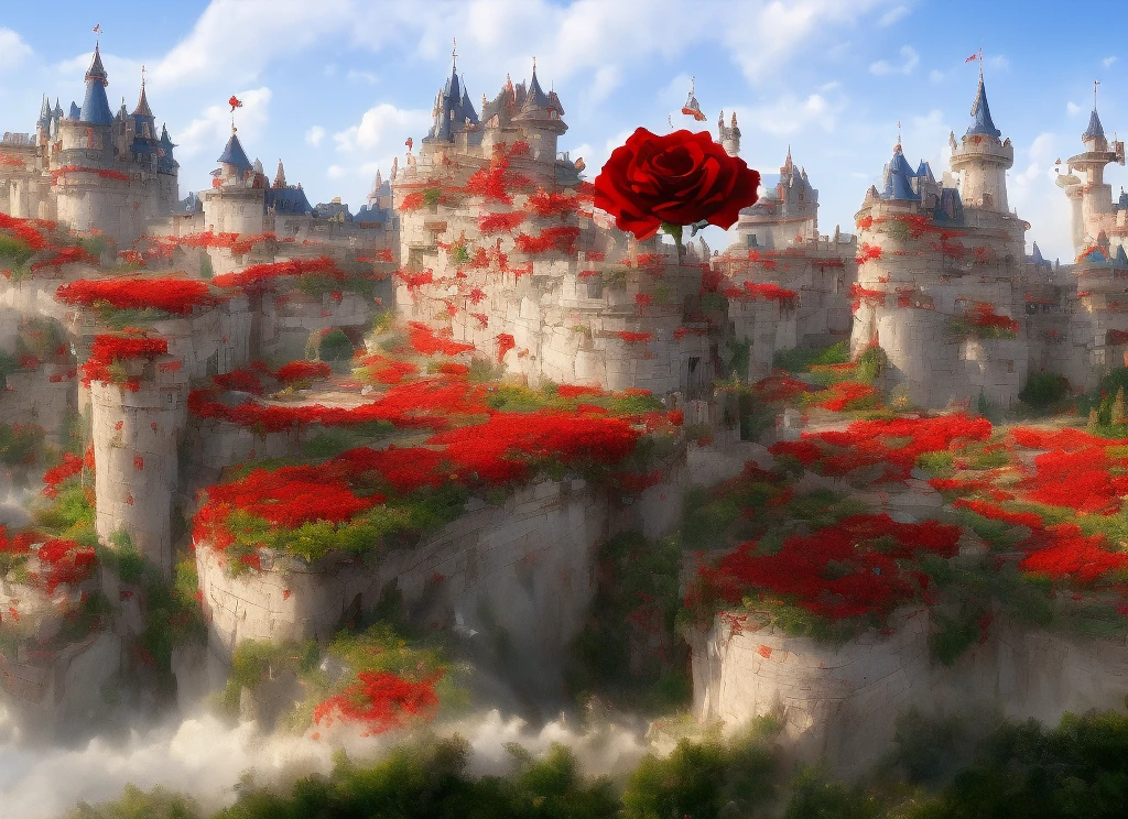 (sky rose fantasy castle), (red rose), (absurd), fantastic realistic scene scenery, disney, drawing by thomas kincaid, artstation, clear focus, inspirational 8k wallpaper,