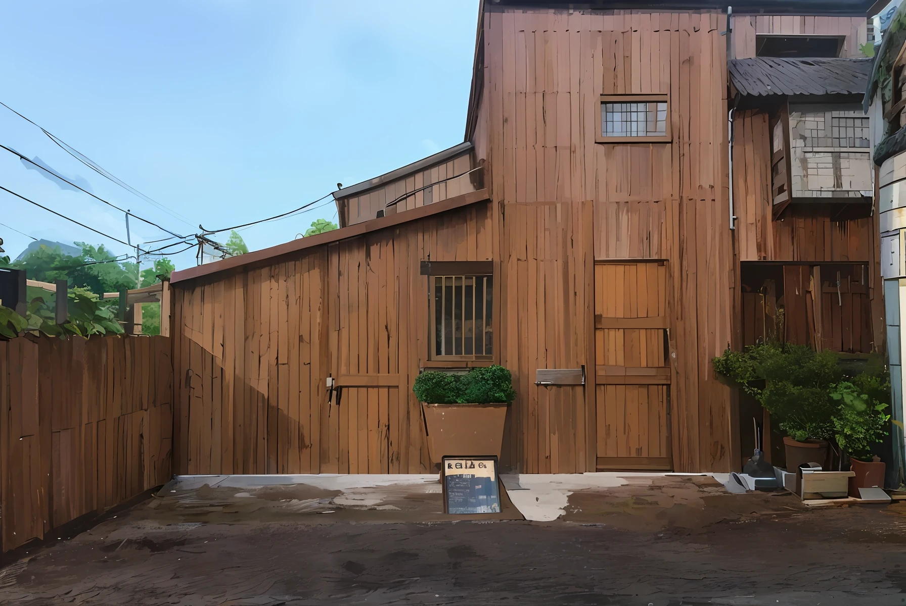 there is a brown building with a wooden fence and a potted plant, wooden house, wooden buildings, front side, of augean stables, seen from outside, taken with sony alpha 9, barn, centre image, outside view, taken with sigma 2 0 mm f 1. 4, wooden structures, shed, taken with canon 8 0 d, frontview, photoshoot