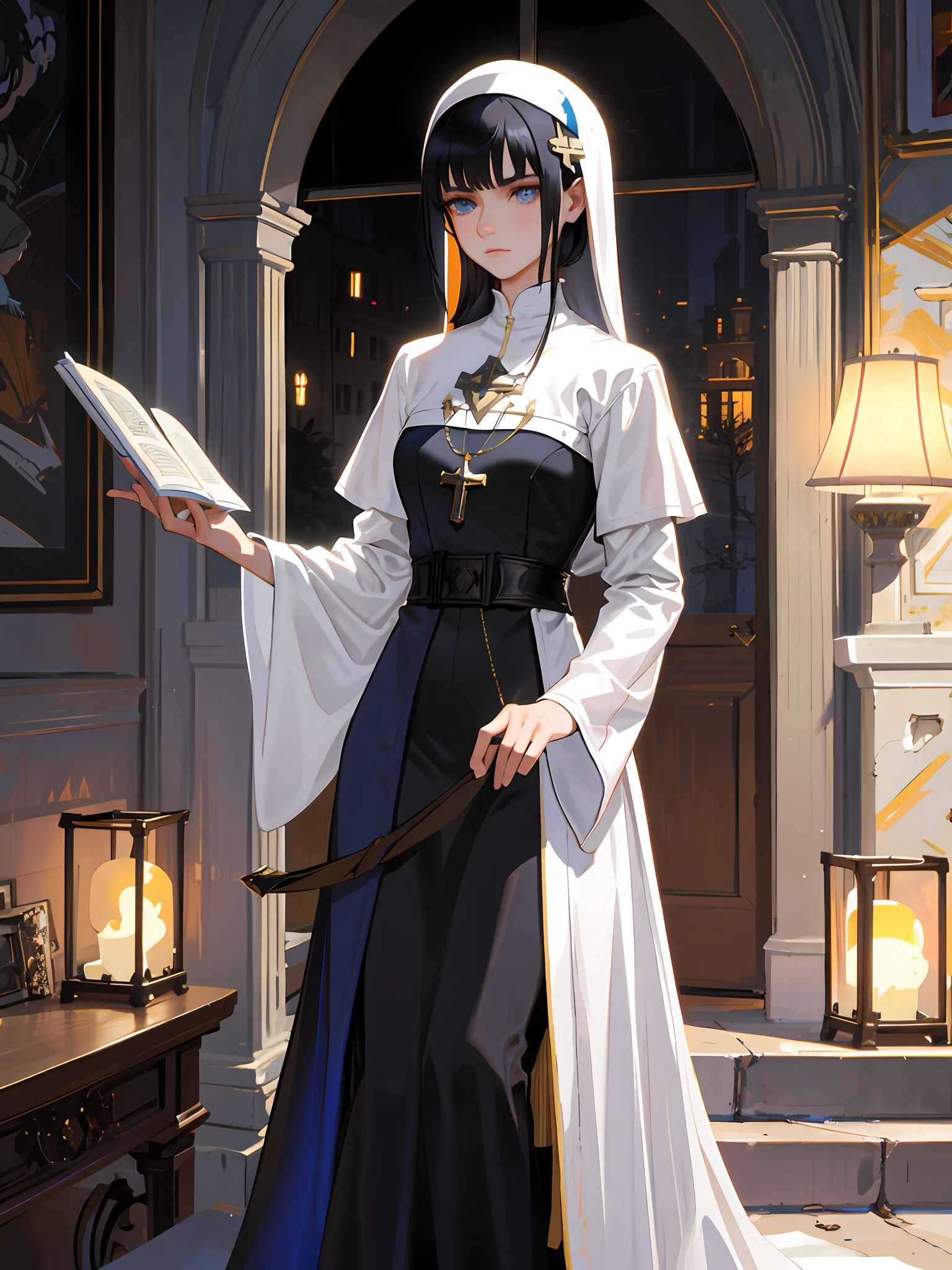 (Highest resolution, distinct_image) Extreme, masterpiece, high detail, semi-realistic, Dishonored 2, a very beautiful woman, nun, priest, priestess, solo, normal standing posture, short black hair, blue eyes, sad expression, 18 years old, young, tall and strong, very conservative nun costume, gentle, sad, mysterious, standing on the castle, overlooking