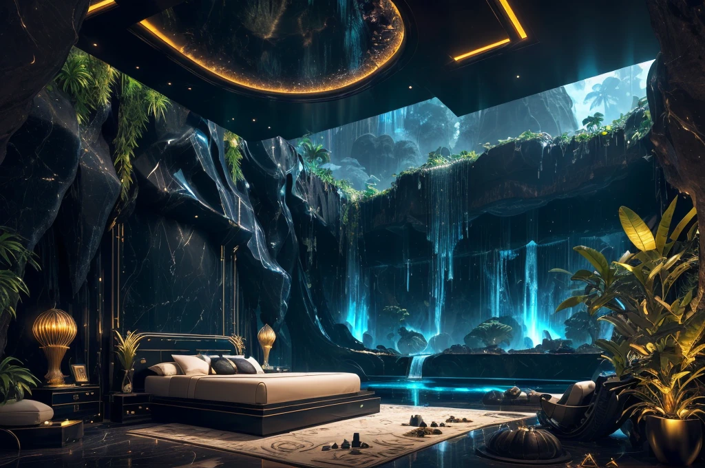 incredible black luxurious futuristic bedroom interior in Ancient Egyptian style with many ((lush plants)) (lotus flowers), ((palm trees)), rocky walls, (sand), ((waterfalls)) (marble), ((precious minerals)), ((metals)), (gemstones), crystals, clouds and ((water)), curvy futuristic furniture, crocodiles, (hieroglyphics), (((ultra luxury))), (black marble) – with ((beautiful lights)), Unreal Engine, HQ, 16k