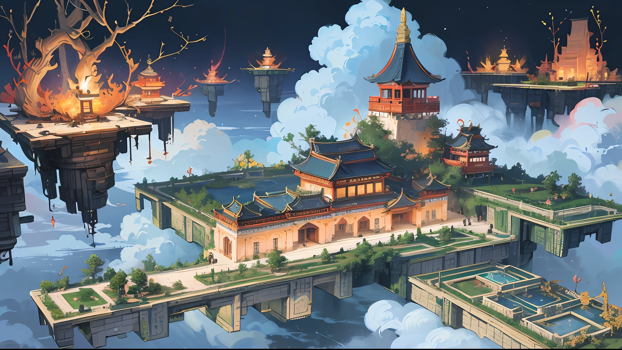 The game scene, the ancient Chinese palace is located above the clouds, Nantianmen, surrounded by clouds and mist, majestic, glazed tiles, Buddha statues, colorful rays of light, ((color ink)),((splash ink)),((splash ink) ink) ink}) ), masterpiece, high quality, exquisite graphics, high detail --v 6