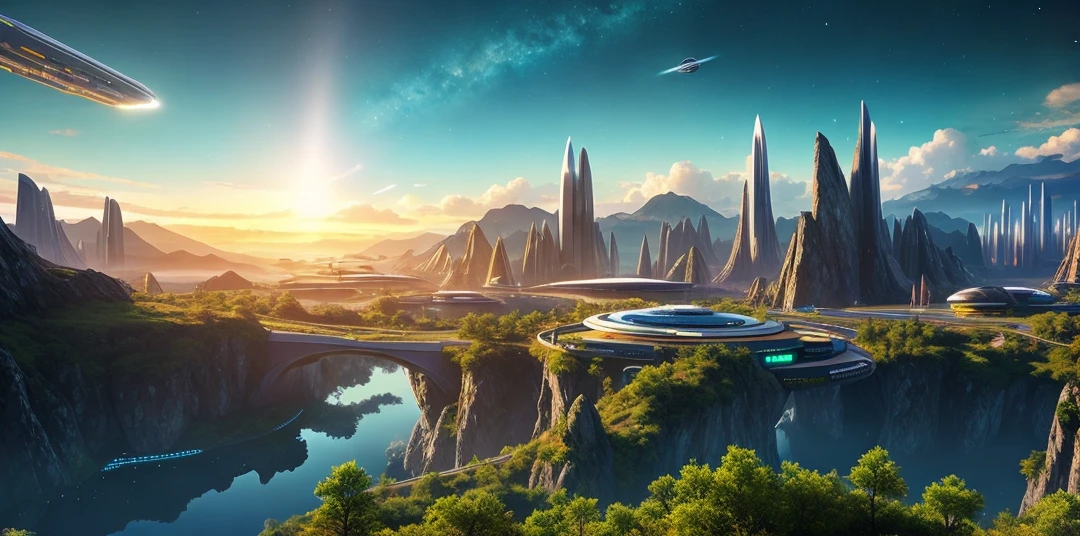 A sci-fi space port city on a mountain with spaceships docking for fuel, space nebula in the sky behind, ultra realistic, picturesque forest, futuristic buildings