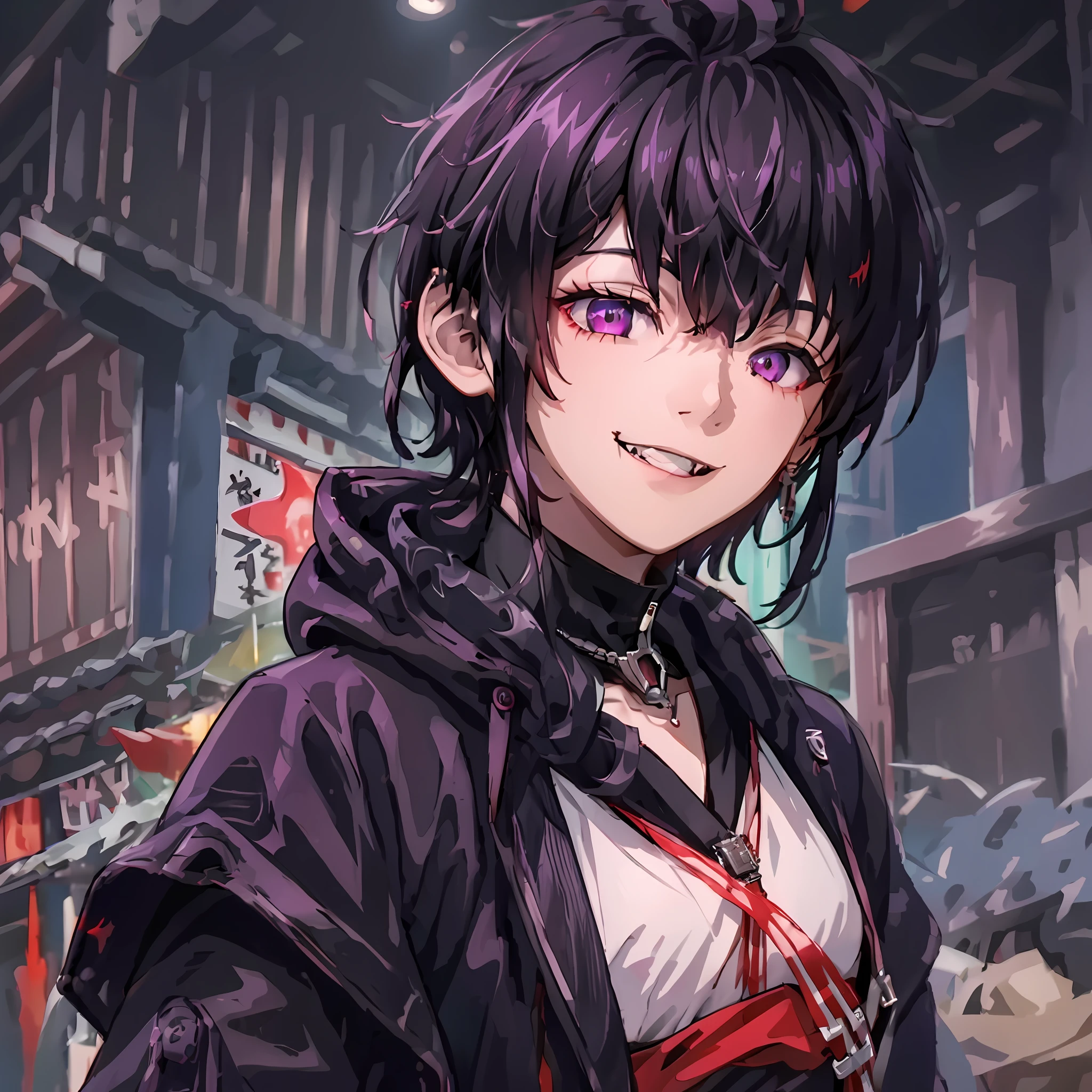 8k, best quality, ultra high res, cyberpunk style, sci-fi, anime vampire boy,red white Black mixed hair, half red half purple eye color both eyes, wearing round glasses, silver cross necklace, black rings, fangs, smile, wearing a big cybercoatwith different lighting in it , long big cybernetic scythe, outside nightclub on Japanese street, cybergothic