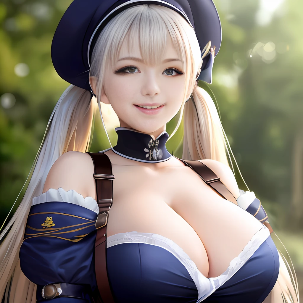 masterpiece, best quality, ultra high res,(photo realistic:1.4),((1girl)), huge breasts, breast squeeze, cleavage, upper body, azur lane, elbe \(azur lane\), lustrous skin, twintails, hat, seductive smile, cute, young, looking at viewer, detailed background, intricate background,