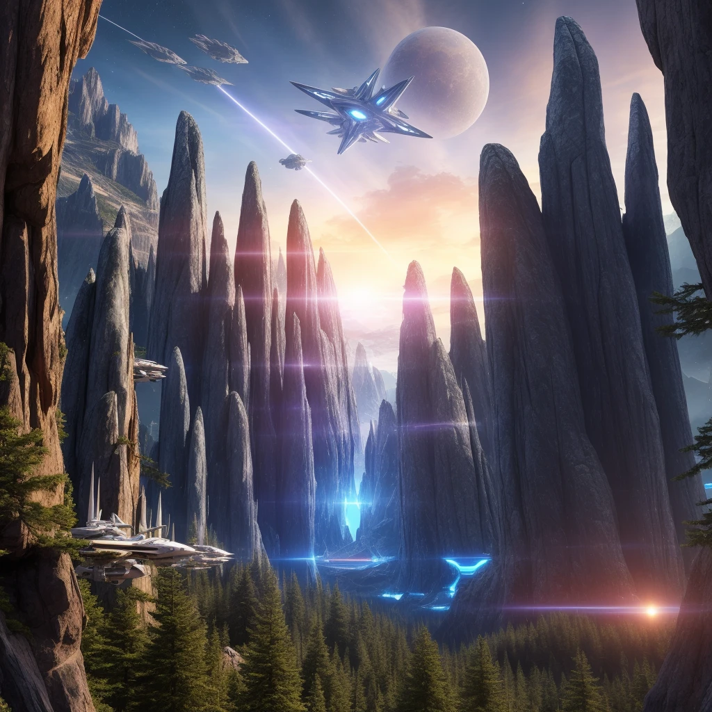 A sci-fi space port on a mountain with huge spaceships docking, space nebula in the sky behind, dusk, ultra realistic, picturesque forest, high resolution
