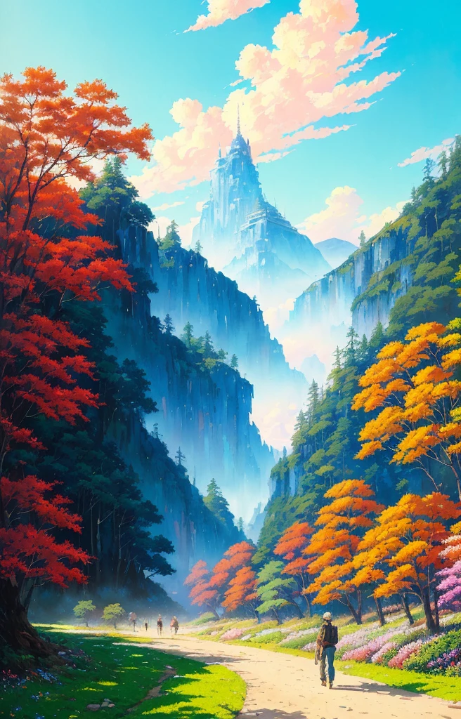 Realistic, real, beautiful stunning landscape oil painting, background by greg rutkowski, laurie grasley style, studio ghibli, akira toriyama, james gilleard, genshin impact, popular pixiv fanbox, acrylic palette knife, 4k, ( Vibrant colours), (highly saturated), devinart, trends on artstation