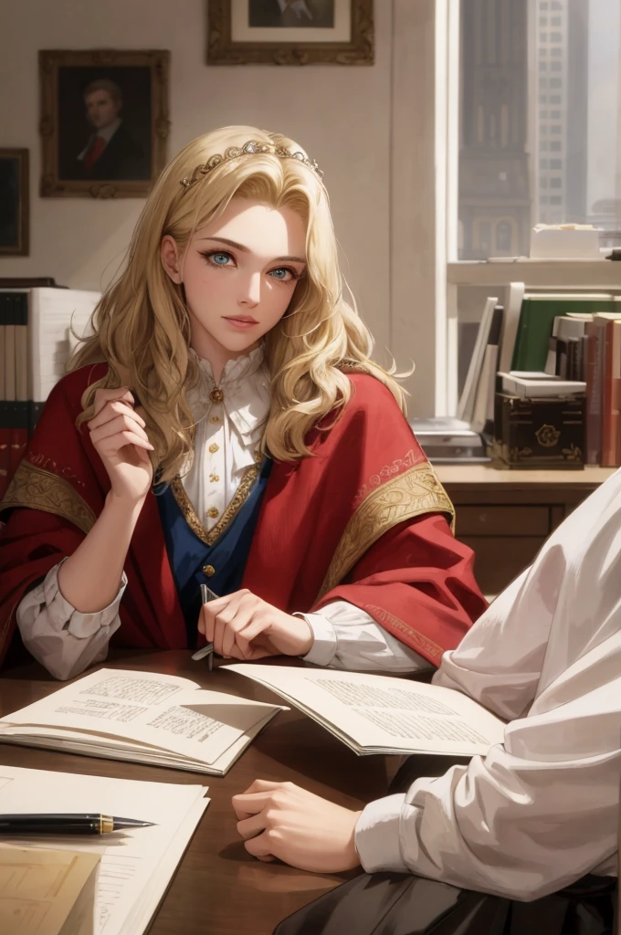 (Masterpiece: 1.2, Best Quality), Realistic, (Realistic Picture, Complex Details, Depth of Field), Best Quality, Masterpiece, Highly Detailed, Semi Realistic, 1 Girl, Mature, 21 Years Old, Blonde Hair, Shoulder Length Short Long Hair, Long-haired left eye, blue pupils, royal clothes, red cloak, slim body, precious gold crown, reading documents, quill pen, office desk, soft stool