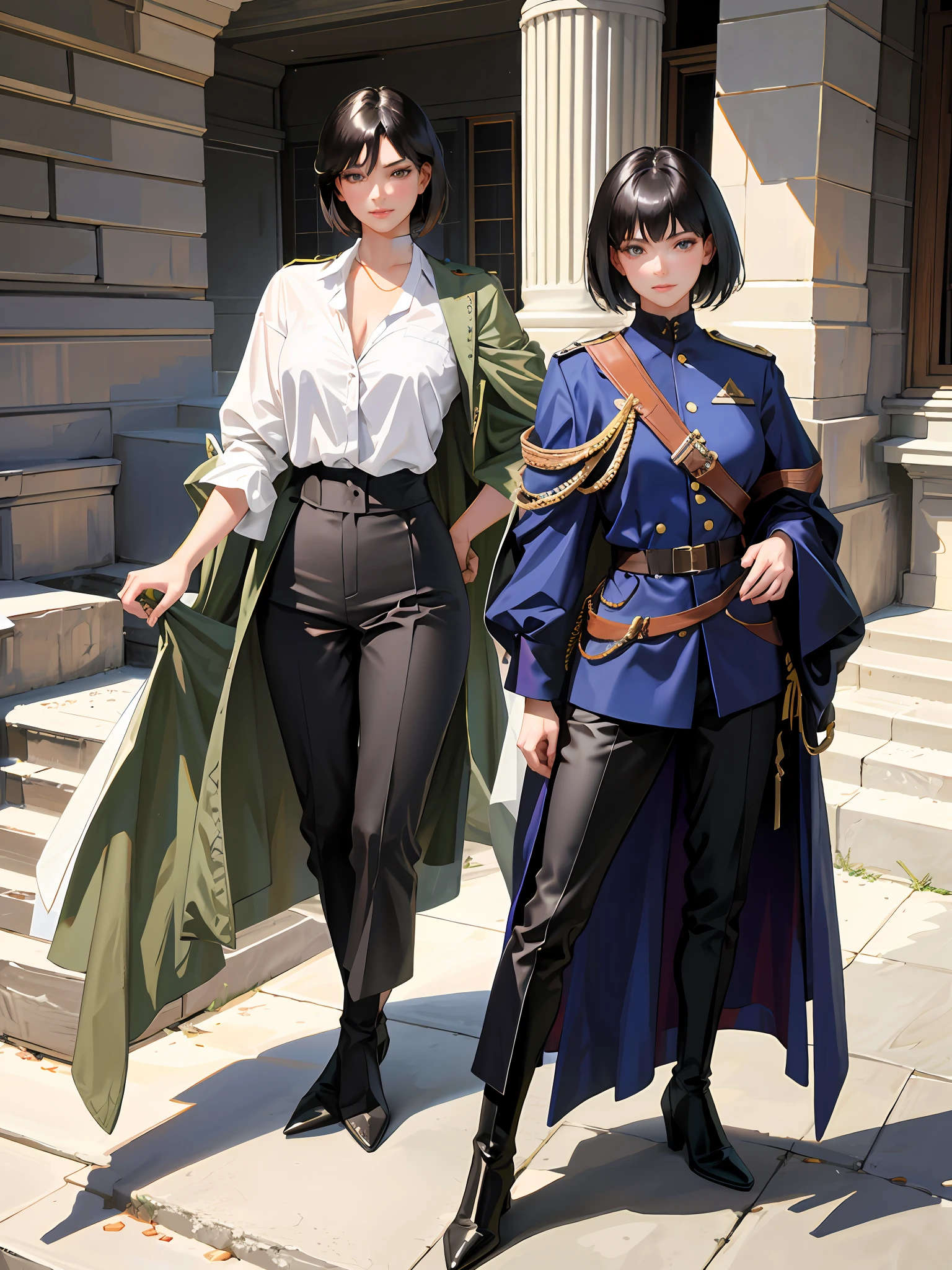 (highest resolution, distinct_image) superb, masterpiece, high detail, semi-realistic, a very beautiful woman, solo, normal handsome stance, black short hair, 18 years old, young, soldier, tall and strong, military uniform, trousers, military boots , military uniform, self-confidence, seriousness, aloofness, arrogance, patrolling, castle, fantasy