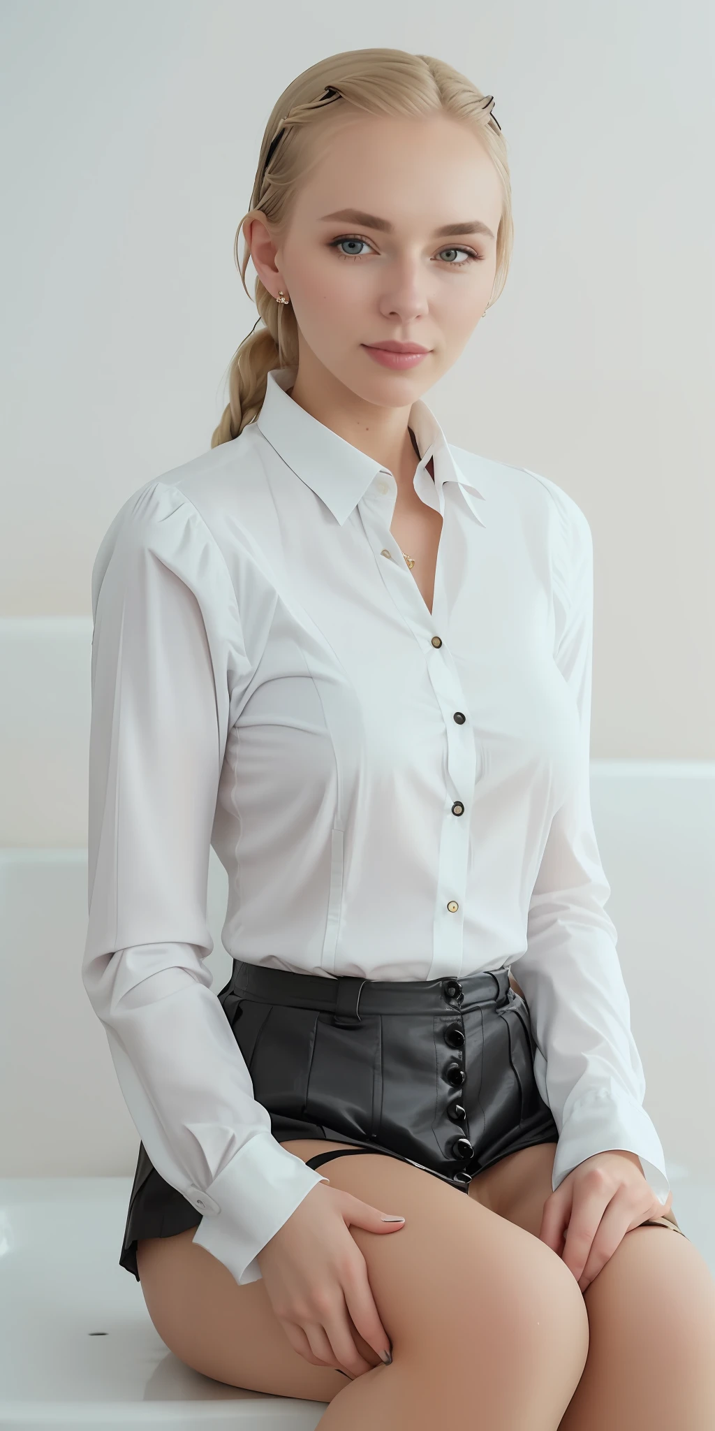 Cute 20 year old woman, blonde hair, French braid, ((white blouse, long sleeves, button-up, formal collar)), (((black skirt))), ((tight skirt)), black shoes, high heels, sat on edge of old-fashioned bathtub