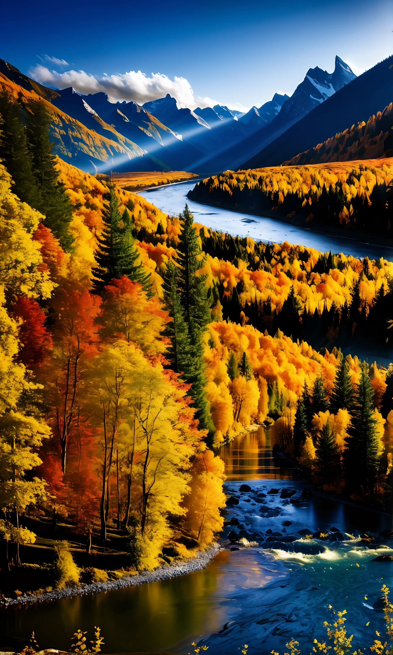 detailed background, masterpiece, best quality, landscape, mountains, river, forest, sun, day, clouds