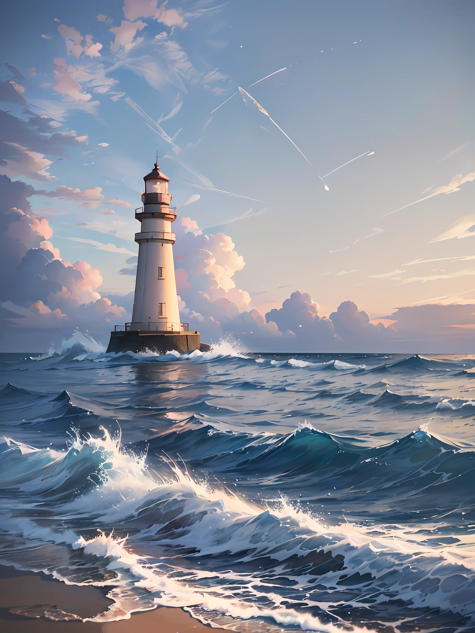 Wallpaper, Sea, Coast, Breaking Waves, Lighthouse, Pink Sky, HD Detail, Moist Watermark, Ultra Detail, Film, Hyper Realism, Deep Field Focus Bokeh, Ray Tracing, Diffuse (ultra-fine glass reflections) and Hyper Reality doctrine. ((makoto shinkai style)) ::0.8) --v6