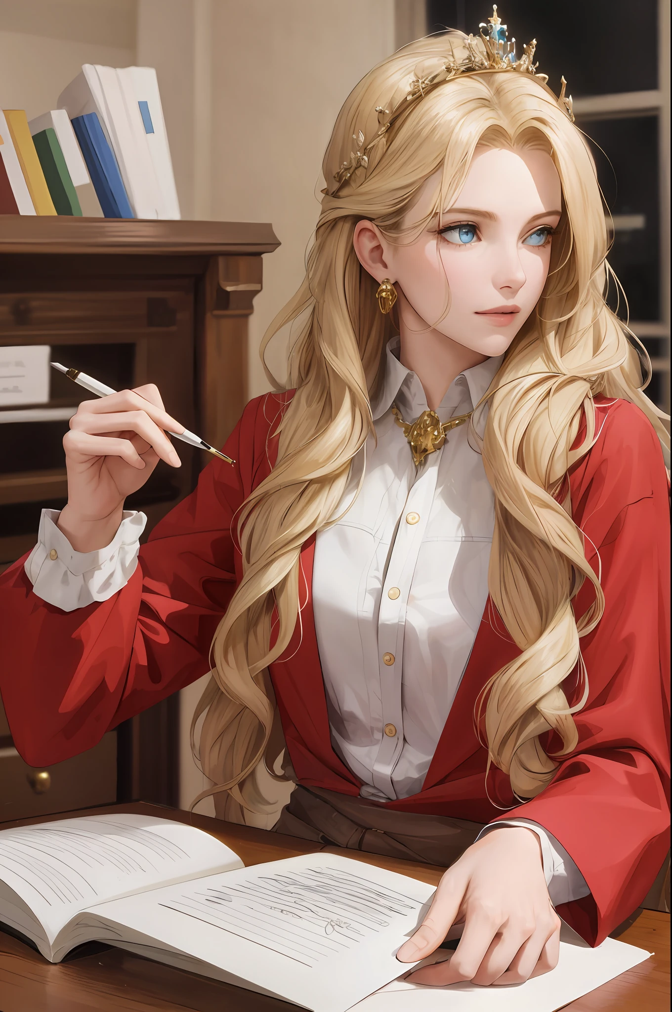(Masterpiece: 1.2, Best Quality), Realistic, (Realistic Picture, Complex Details, Depth of Field), Best Quality, Masterpiece, Highly Detailed, Semi Realistic, 1 Girl, Mature, 21 Years Old, Blonde Hair, Shoulder Length Short Long Hair, Long-haired left eye, blue pupils, royal clothes, red cloak, slim body, precious gold crown, reading documents, quill pen, office desk, soft stool