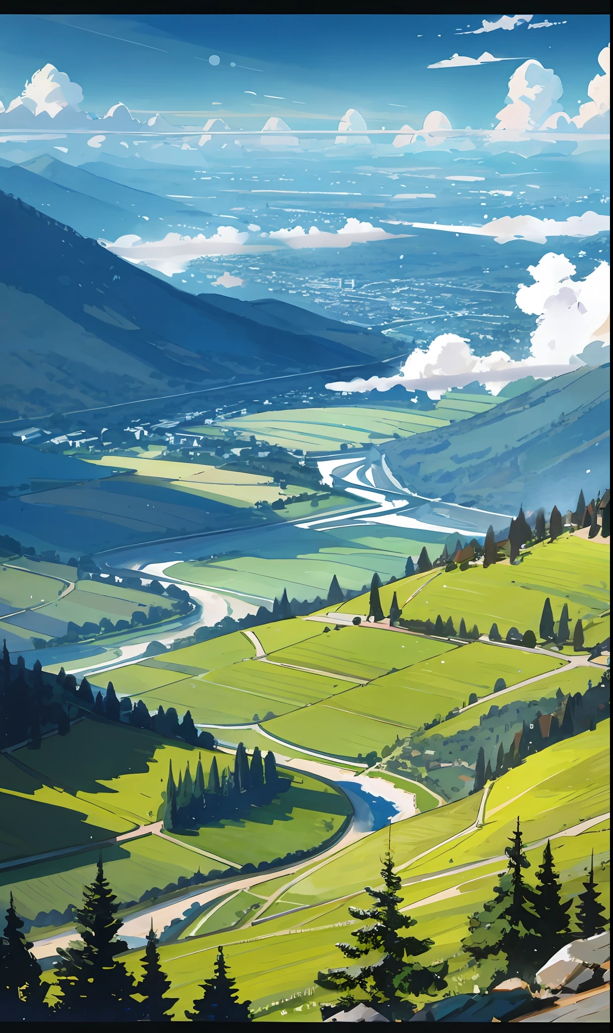 The rivers between the mountains and forests flow gently, and the detailed background rendering of the scenery is a masterpiece. Under the extreme picture quality, the sun gathers into a large aperture during the day, and the clouds are leisurely, looking up at the sky.