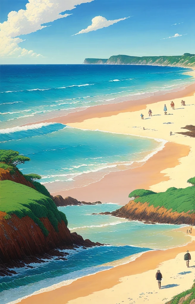 Realistic, authentic, beautiful stunning landscape oil painting, beach seascape, laurie greasley style, studio ghibli, akira toriyama