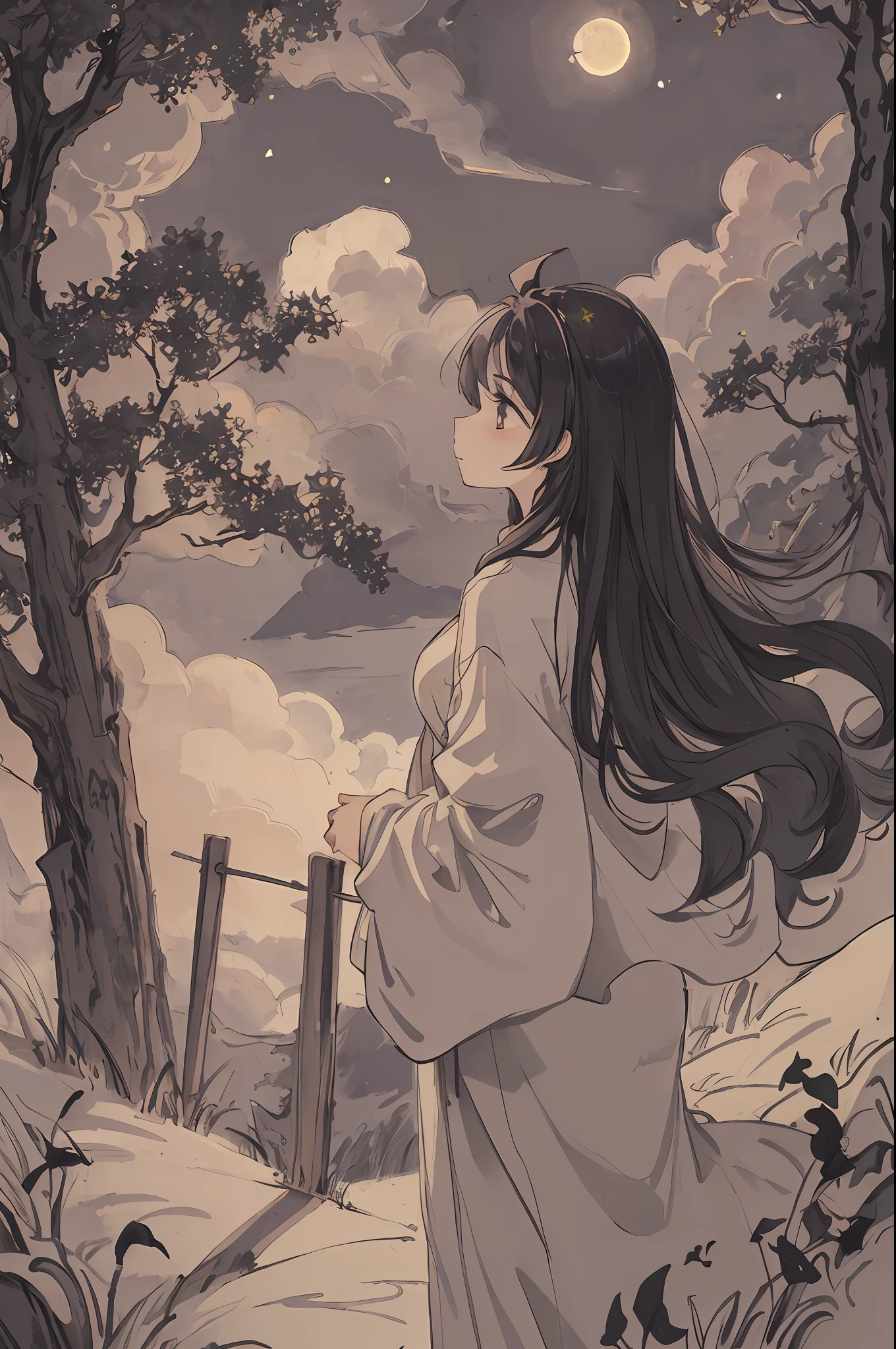 masterpiece, best quality, night, hill, clouds, full moon, long hair, woman, silhouette, fireflies.stars