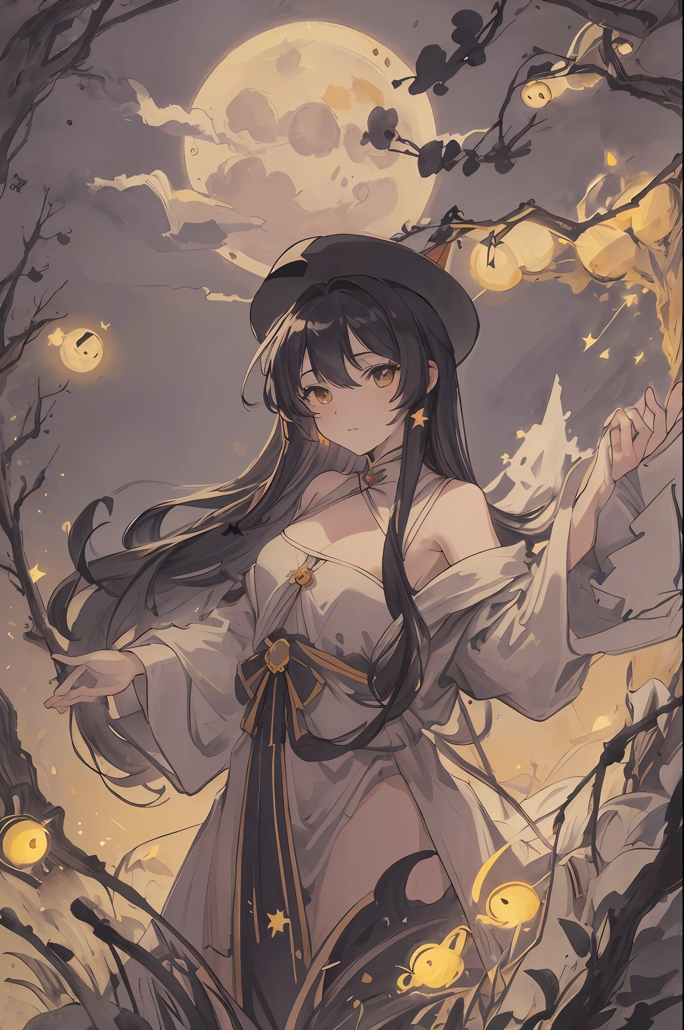 masterpiece, best quality, night, hill, clouds, full moon, long hair, woman, silhouette, fireflies.stars