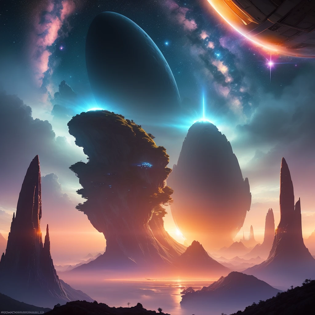 a view of a distant landscape with a planet in the distance, epic fantasy sci fi illustration, inspired by Christopher Balaskas, by Christopher Balaskas, beautiful sci fi art, sci fi digital painting, sci-fi digital painting, sci-fi digital art illustration, sci-fi fantasy wallpaper, arstation and beeple highly