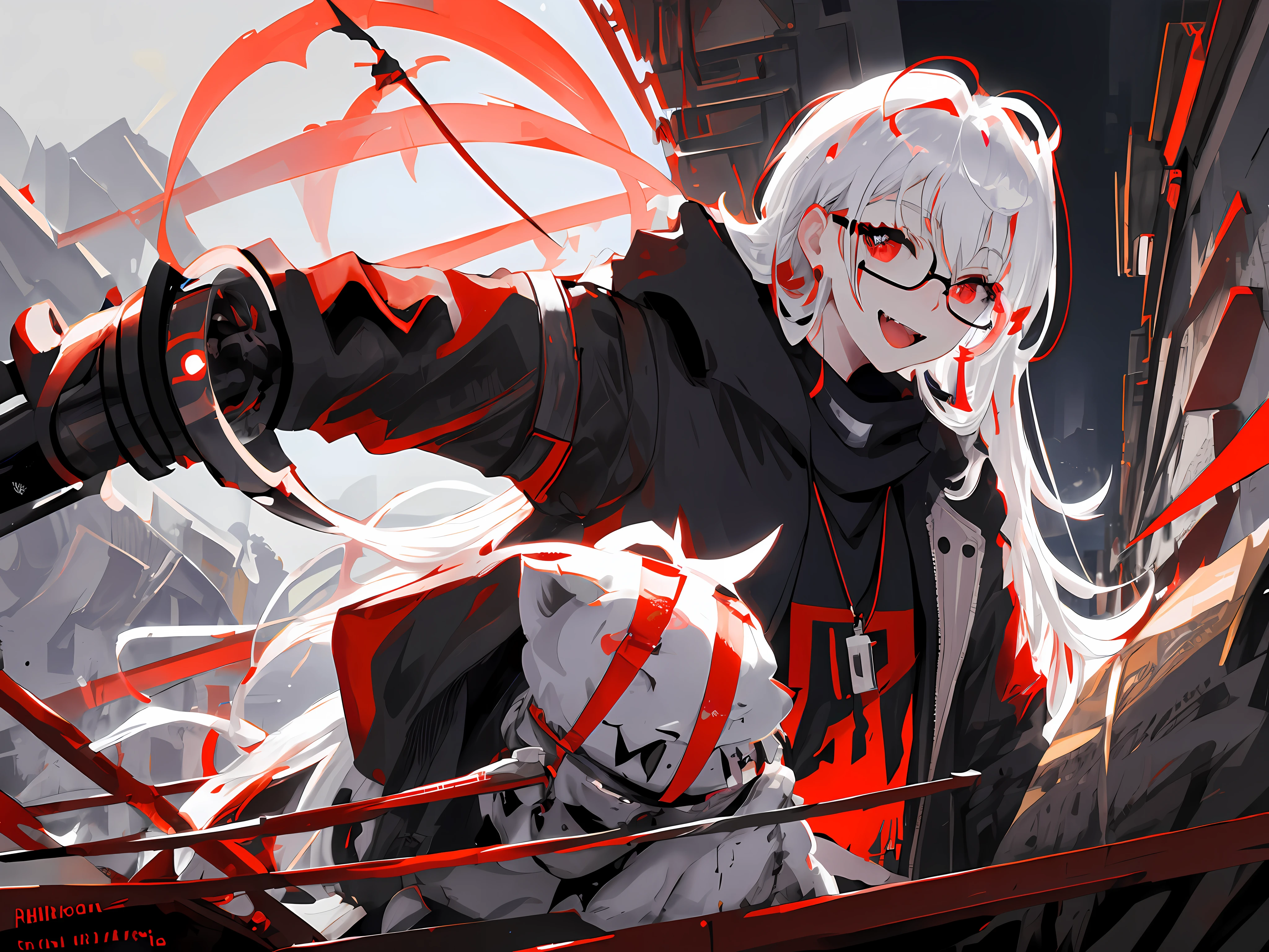 masterpiece, best quality, ultra-detailed, illustration, close-up, straight on, face focus, solo, white hair, red eyes, long hair, city, sunlight,(Soft glow:1.1),light smile,8k, best quality, ultra high res, high quality,cyberpunk style, wearing round glasses, sci-fi, anime vampire boy, red white Black mixed hair, half red eyes, wearing round glasses, silver cross necklace, black rings, fangs, smile, wearing a big cybercoatwith different lighting in it , long big cybernetic scythe, outside nightclub on Japanese street,