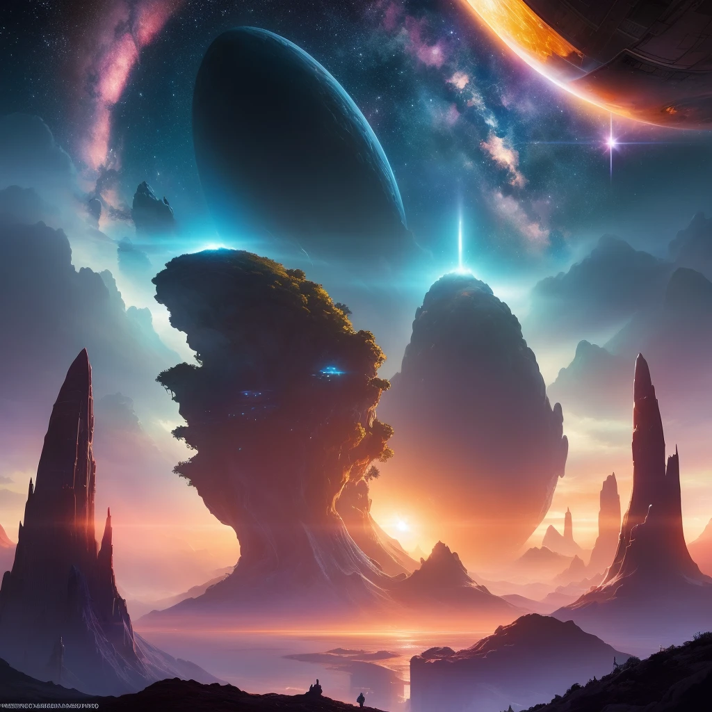 a view of a distant landscape with a planet in the distance, epic fantasy sci fi illustration, inspired by Christopher Balaskas, by Christopher Balaskas, beautiful sci fi art, sci fi digital painting, sci-fi digital painting, sci-fi digital art illustration, sci-fi fantasy wallpaper, arstation and beeple highly