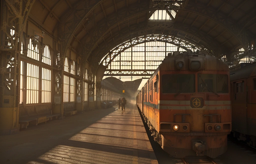 there is a train that is sitting in a train station, dieselpunk railway station, train station background, train station, train station in summer, train, by Artur Tarnowski, alexey egorov, 3 d render and matte painting, photorealistic matte painting, 3d rendered matte painting, highly detailed matte painting, rendered in vray
