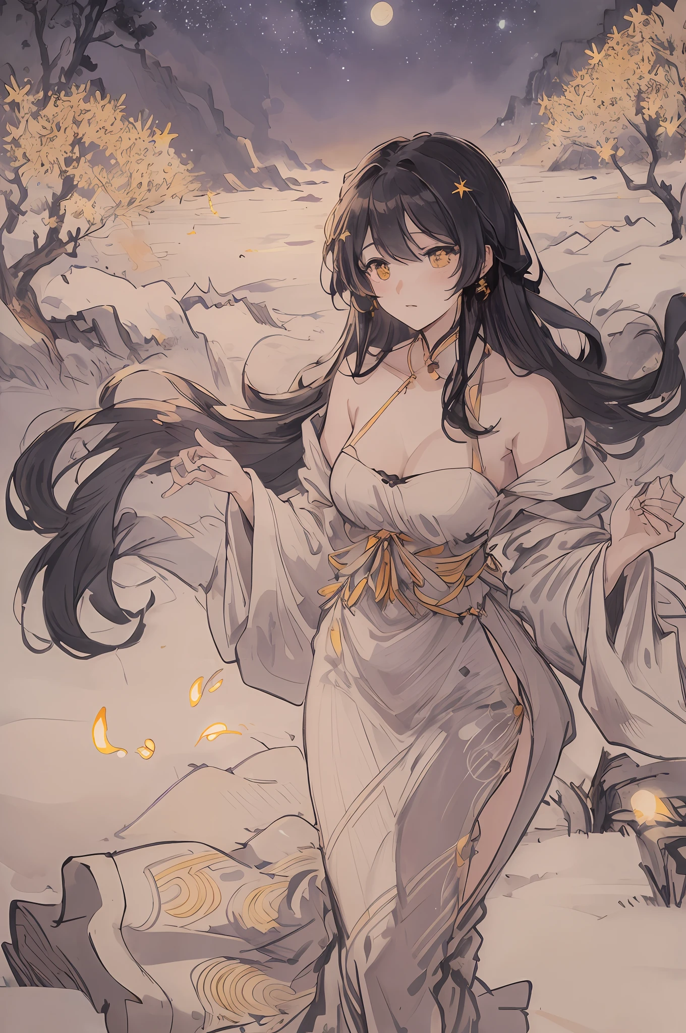 "A breathtakingly beautiful masterpiece of the highest quality featuring a woman with long hair in silhouette against a night sky on a hill with clouds and a full moon. The scene is represented with visible wind and dotted with sparkling fireflies and stars."