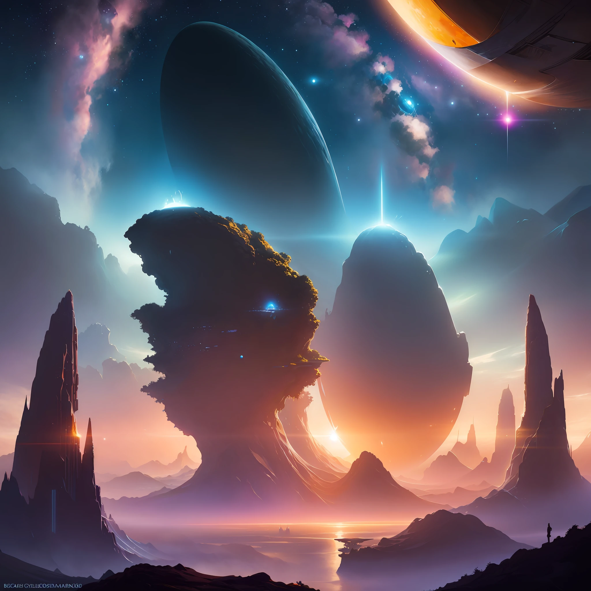 a view of a distant landscape with a planet in the distance, epic fantasy sci fi illustration, inspired by Christopher Balaskas, by Christopher Balaskas, beautiful sci fi art, sci fi digital painting, sci-fi digital painting, sci-fi digital art illustration, sci-fi fantasy wallpaper, arstation and beeple highly
