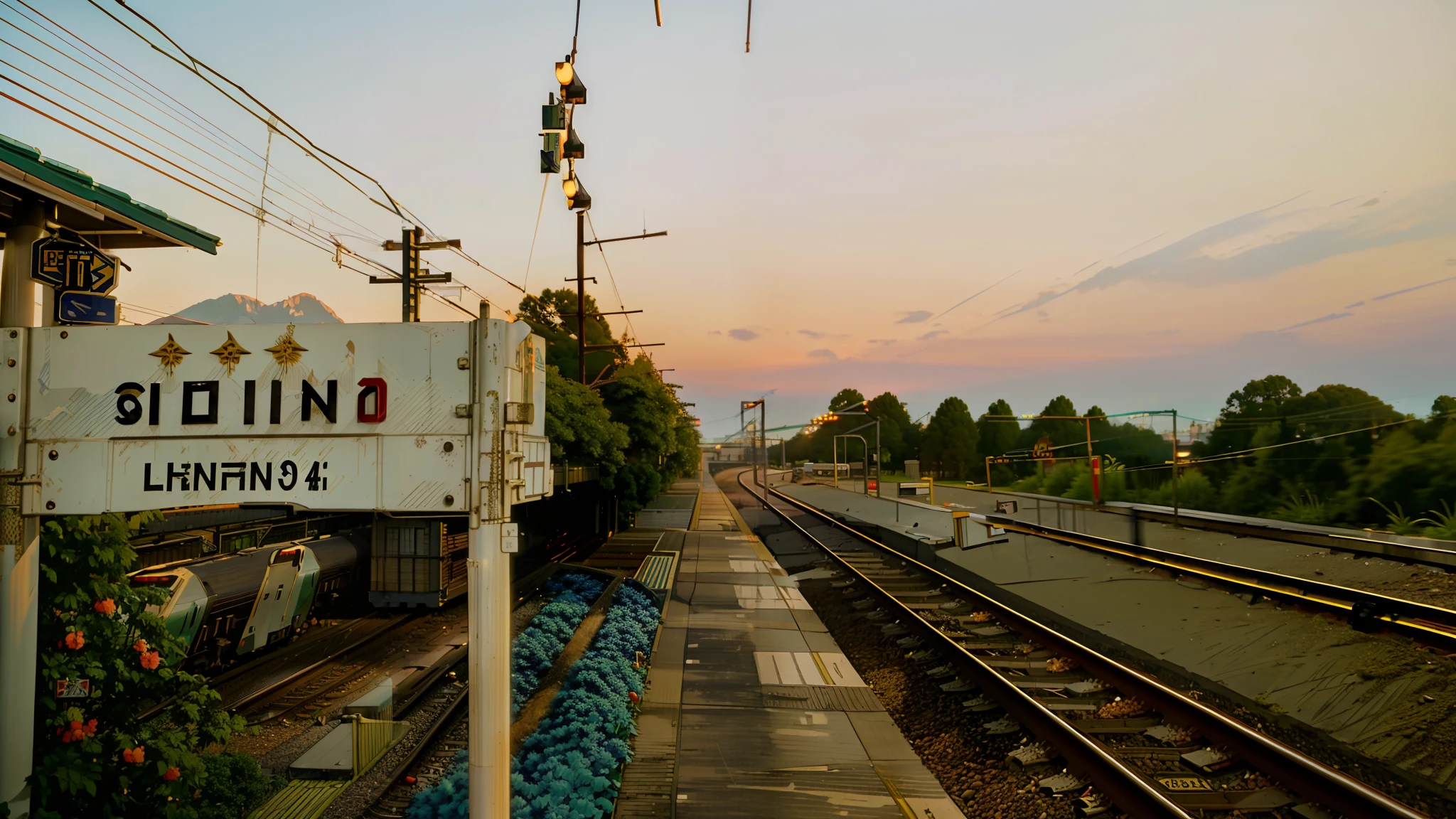 there is a sign that says nunu thai on the side of the train tracks, train station, railroad, early morning, not train tracks, early in the morning, at dusk!, platform, rail tracks, in the early morning, taken with sigma 2 0 mm f 1. 4, train station background, taken with sony alpha 9, white steam on the side