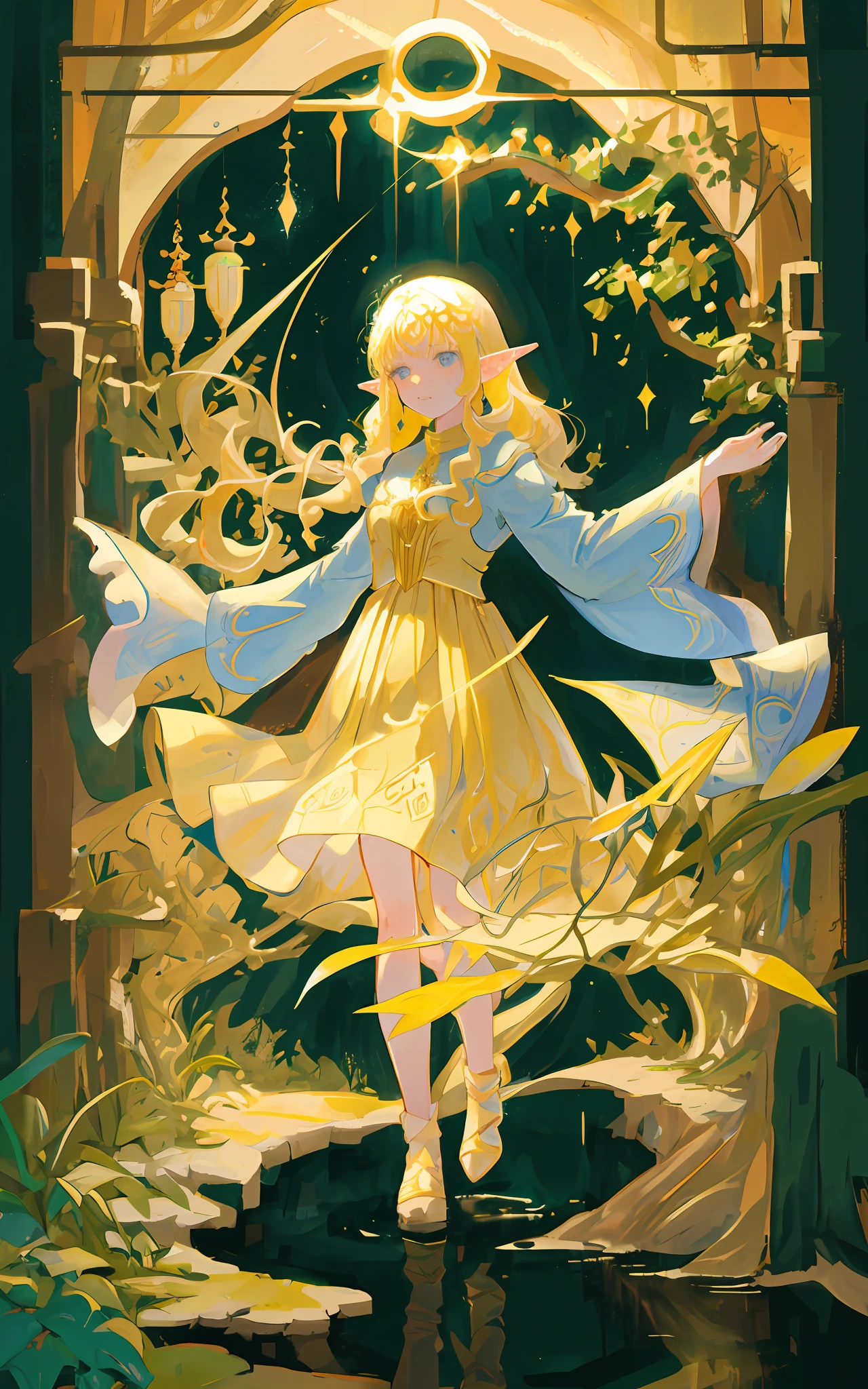 Middle ages, a girl with a beautiful face, long blond hair, elf ears, in a flaxen dress, stands by a stream, prays, Mucha
