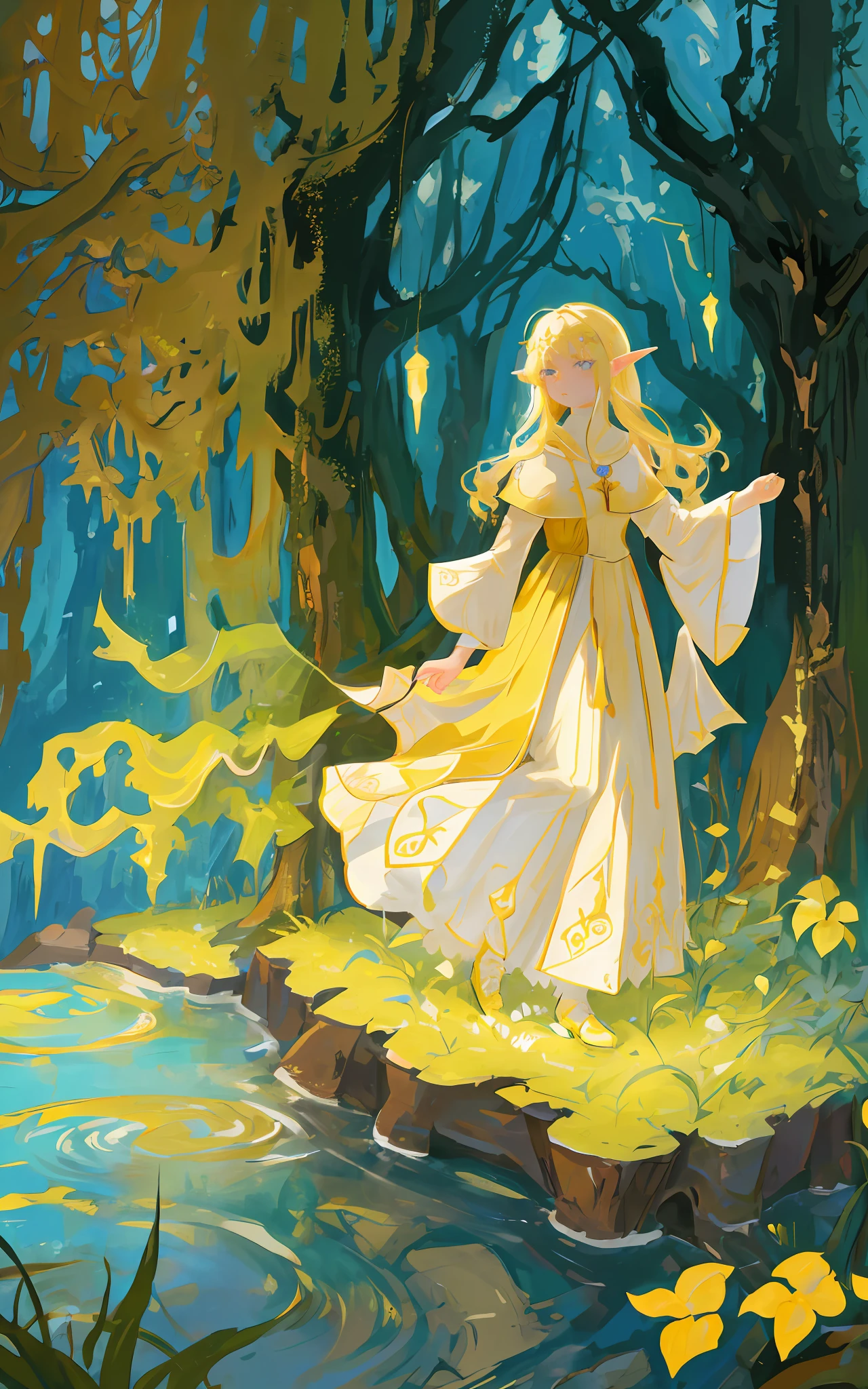Middle ages, a girl with a beautiful face, long blond hair, elf ears, in a flaxen dress, stands by a stream, prays, Mucha