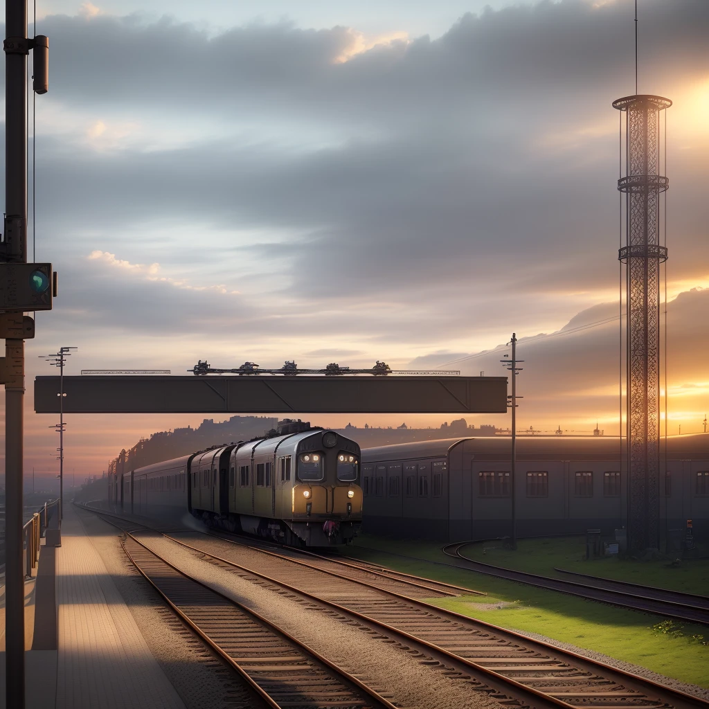 A detailed matte painting with a train stopped at a train station, photorealism, dieselpunk train station, train station background, railway station, summer train station, train, 3d rendering and matte painting, realistic matte painting , 3d rendering of matte painting